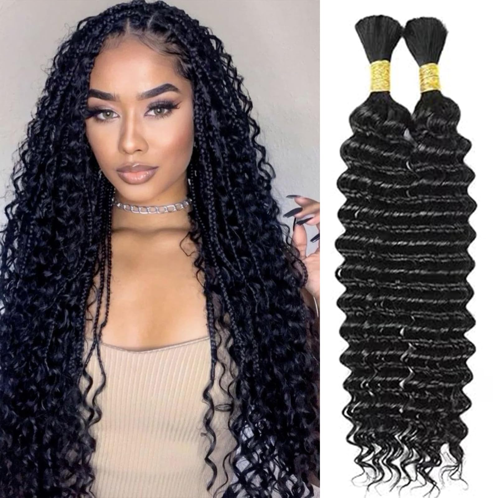 Human Braiding Hair 100g 20 Inch Deep Water Wave Bulk Human Hair Brazilian Virgin Curly Human Hair Extensions for Boho Braids Wet and Wavy Human Hair