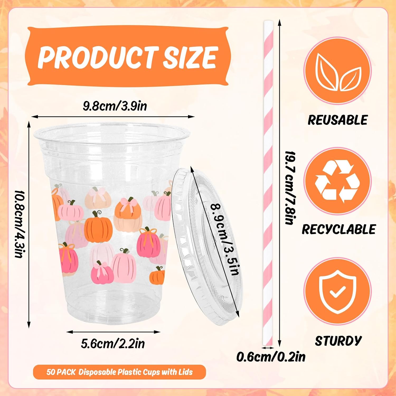 Whaline 50Pcs 12Oz Fall Disposable Plastic Cups with Lids and Straws Cute Pink-Orange Bow Pumpkin Cold Beverage Drinking Cup for Iced Coffee Juice Autumn Thanksgiving Party Supplies image 2