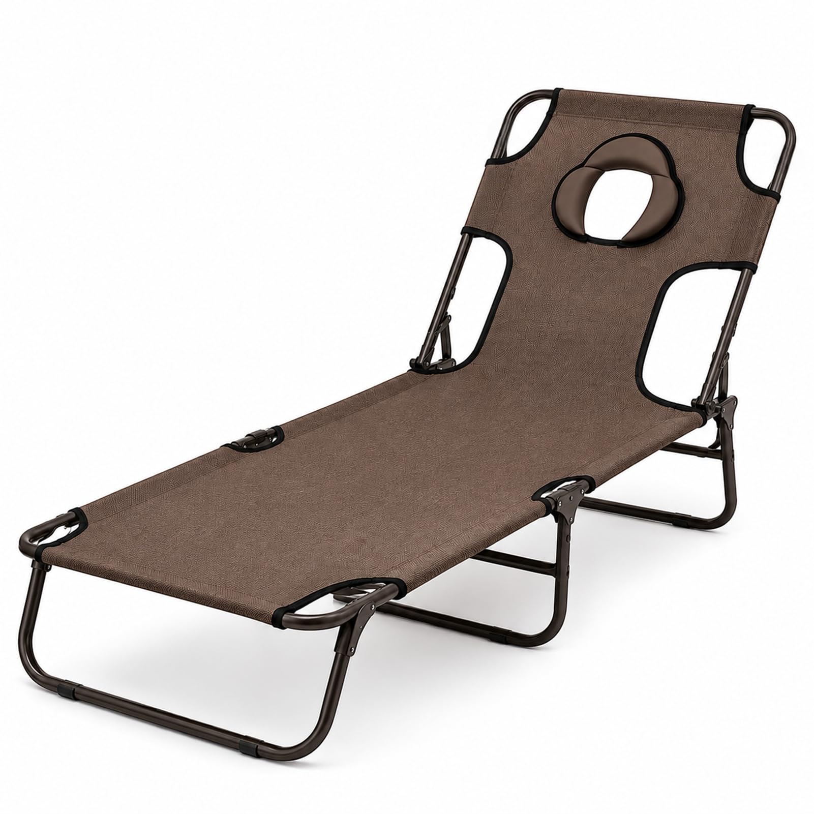 JJPP Folding Sun Lounger with Canopy, Adjustable Reclining Garden Chair with Face Hole, Portable Outdoor Camping Bed, for Beach, Garden, Patio, Camping, Fishing (Without Canopy,brown)