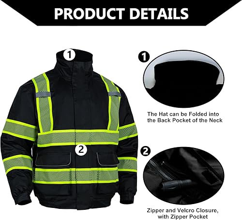 Miniatura 6 de FONIRRA High Visibility Reflective Jackets for Men, Hi Vis Waterproof Class 3 Safety Jackets, Work Construction Bomber Coats