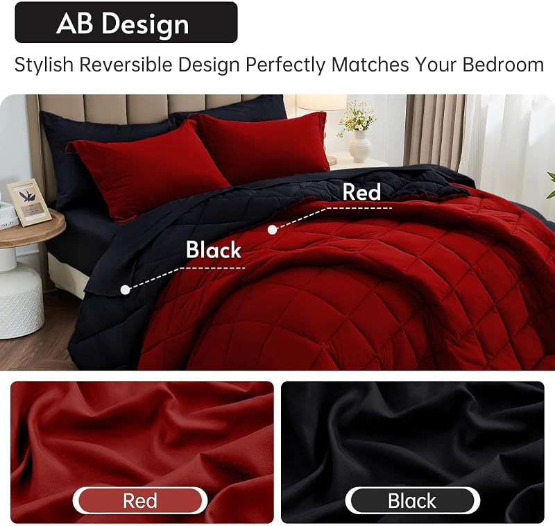 MUXHOMO King Comforter Set 7 Pieces, Reversible Bed in a Bag, Red/Black image 3