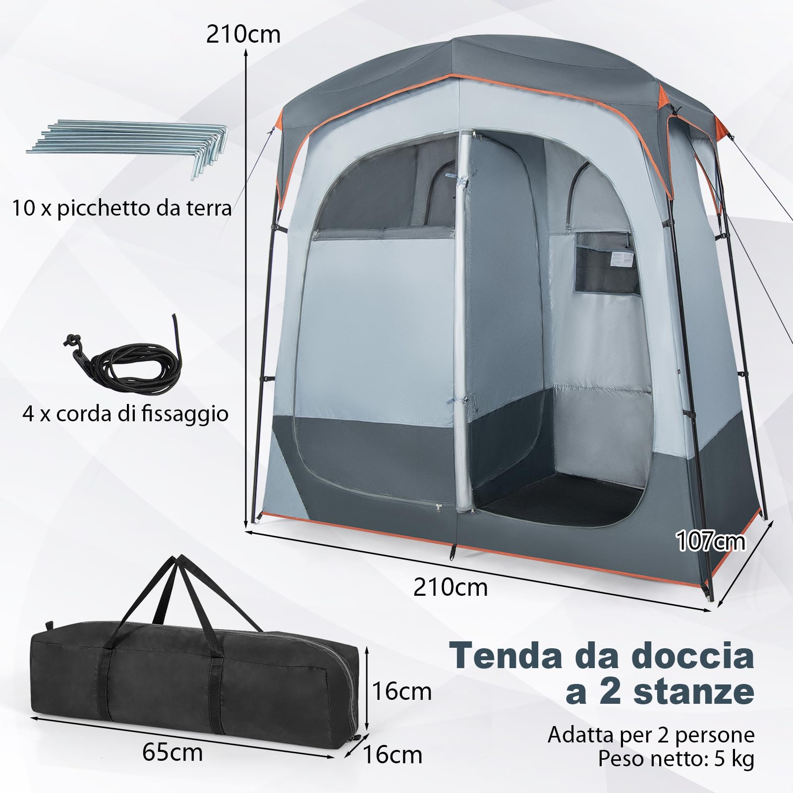 COSTWAY Tenda Spogliatoio da Esterno a 2 Stanze, Tenda da Doccia da Campeggio con Parapioggia Rimovibile, Stendibiancheria e Borsa, Tenda per WC Doccia per Campeggio, Spiaggia e Pesca