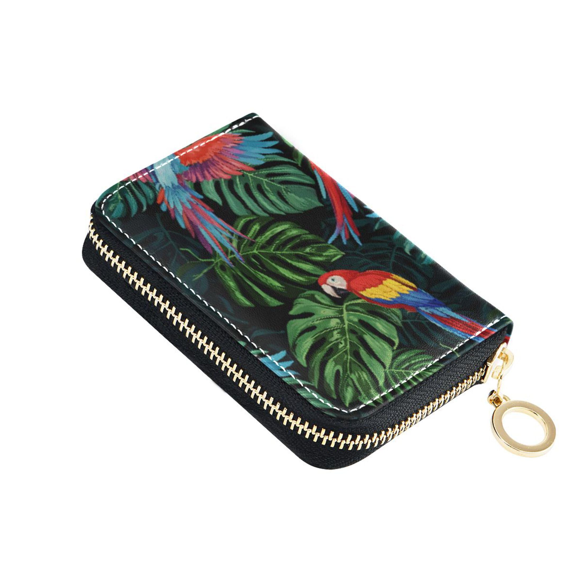 Burbuja Tropical Parrots Credit Card Holder for Women Men RFID Blocking, Leather Accordion Zipper Card Case Wallet 11 Slots