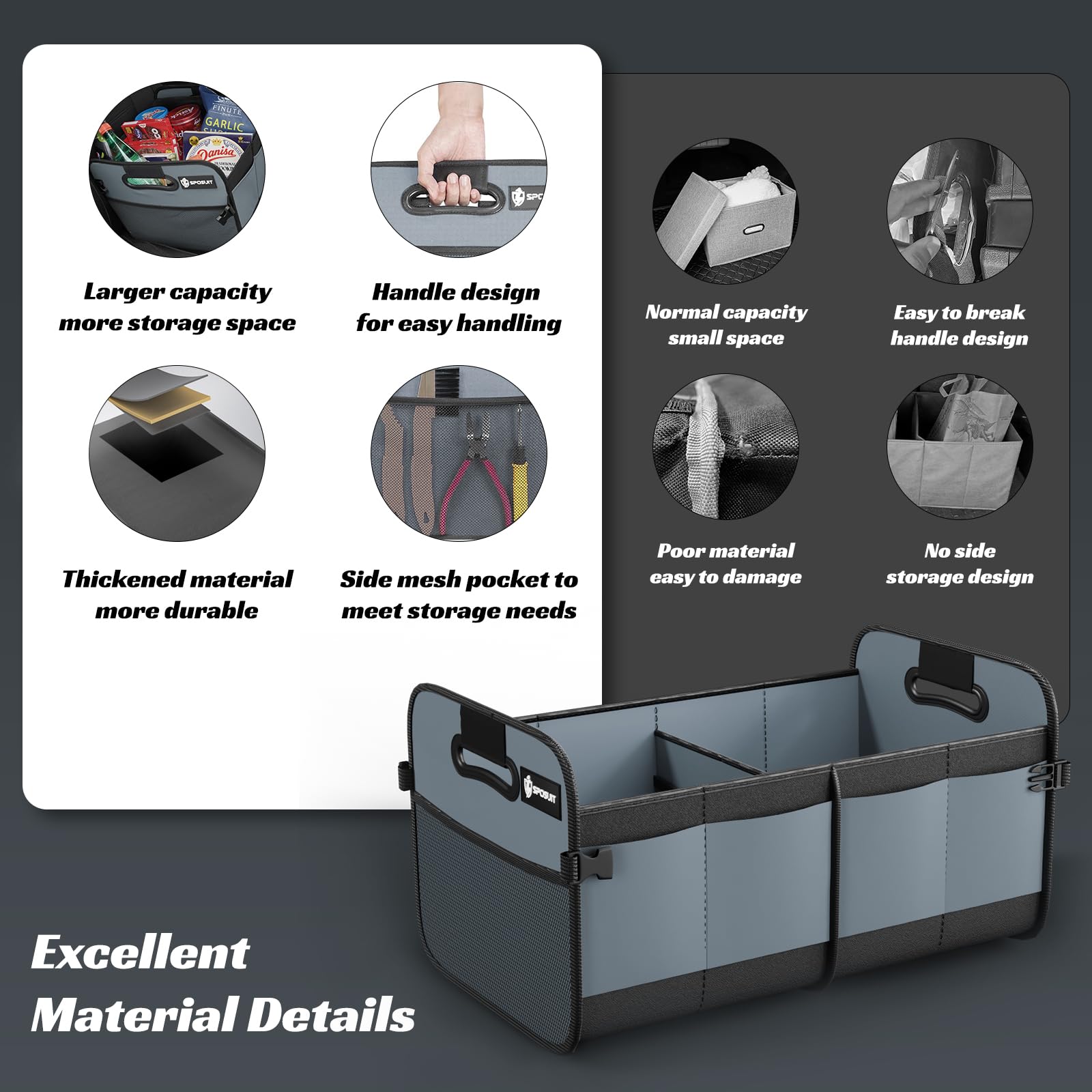 Sposuit Organizador de maletero para coche, plegable, 70 L, con 11 bolsillos y asas reforzadas, organizadores de maletero para SUV para carga de comestibles (gris)