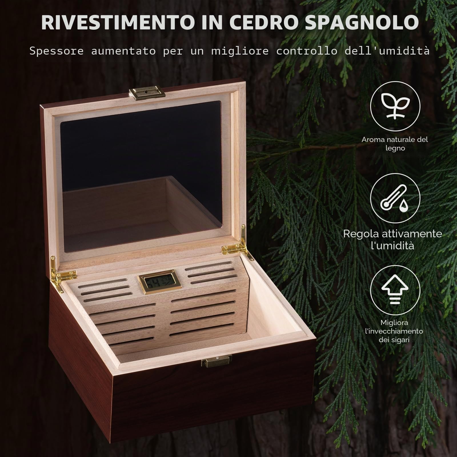 ProCase Humidor per Sigari con Igrometro Digitale e Umidificatore, Cofanetto con Interno in Legno di Cedro per 20-50 Sigari, Regalo per Uomo, Amante di Sigari Cubani -Large