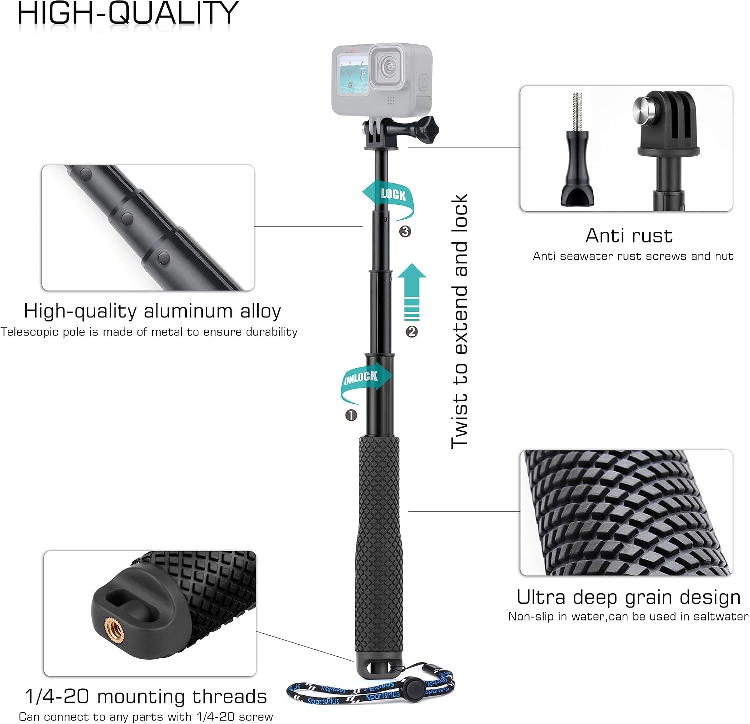 GEPULY Short Selfie Stick Underwater Hand Grip for GoPro/DJI/Insta360/AKASO | 7"-23"Anti-Rust Aluminum Pole,1/4 Thread Anti-Slip Silicone Grip,Pocket Size for Travel,Action Cameras/Phones Vlog Accessory