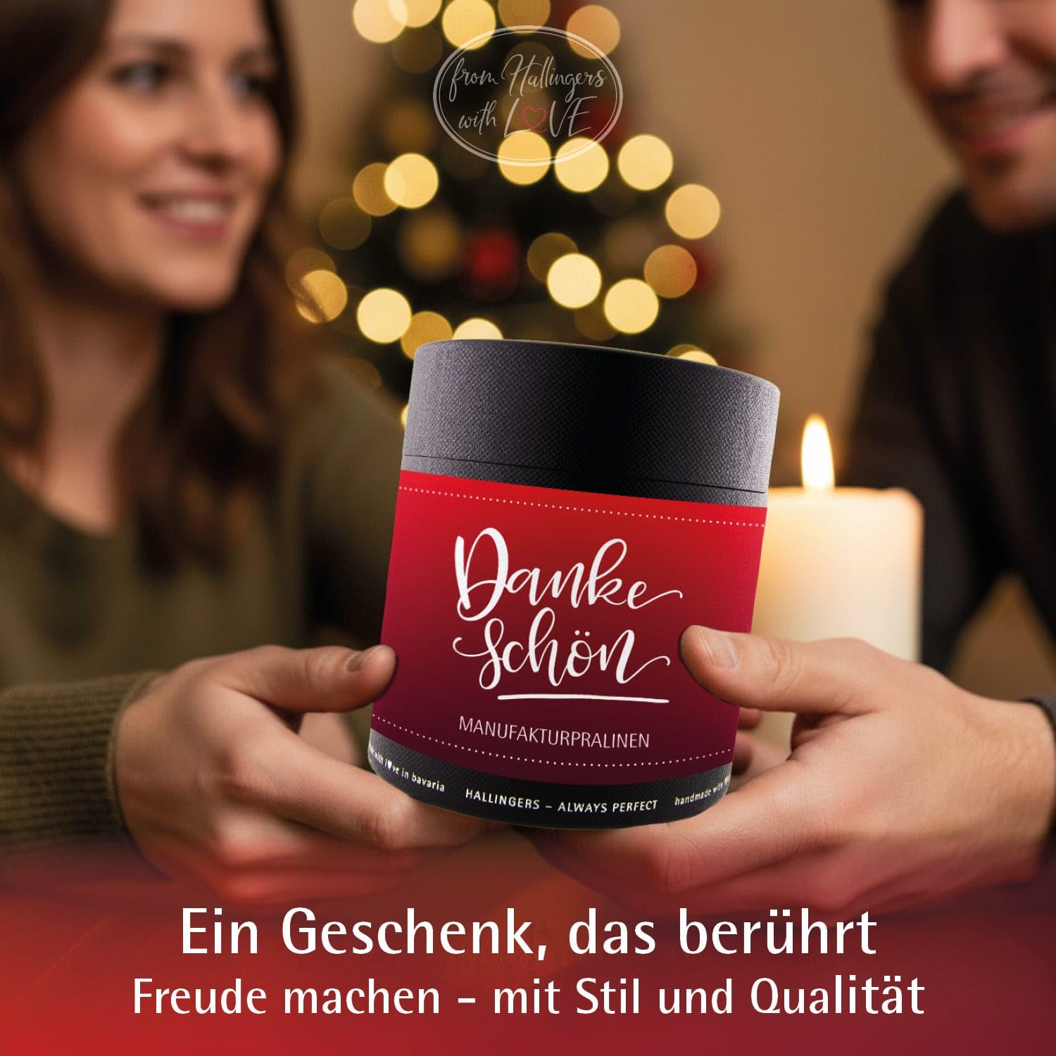 Hallingers Genuss Manufaktur Pralinen Dankeschön-Geschenk - ohne Alkohol, handmade aus Confiserie-Edelkakao in wertiger XXL-Geschenkdose "Dankeschön", Geschenkidee für Frauen Männer