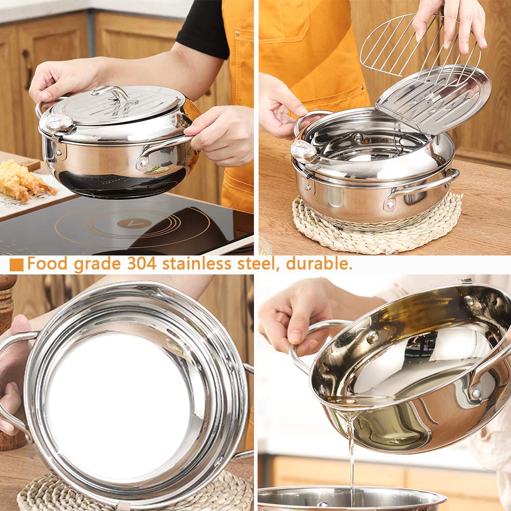 Olla para freír con cesta de bandeja de gota de aceite y termómetro de aceite Tempura de estilo japonés, mini freidoras pequeñas, para el hogar. 5