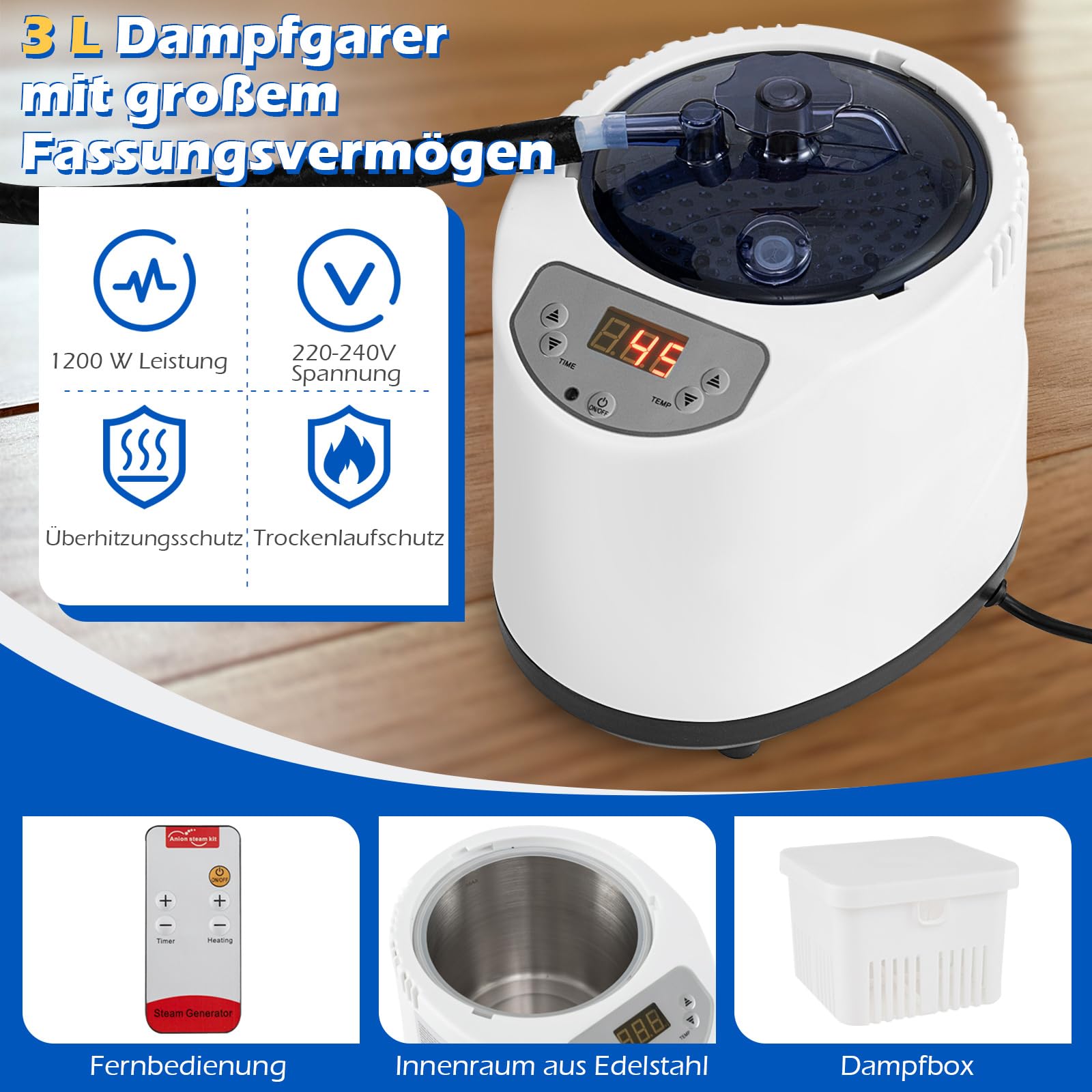 COSTWAY Sauna parowa 3 l, 1200 W, namiot do sauny z 15-stopniową regulacją temperatury, pilot zdalnego sterowania, timer, składane krzesło i mata, przenośna sauna domowa (88 x 88 x 179 cm, czarna)