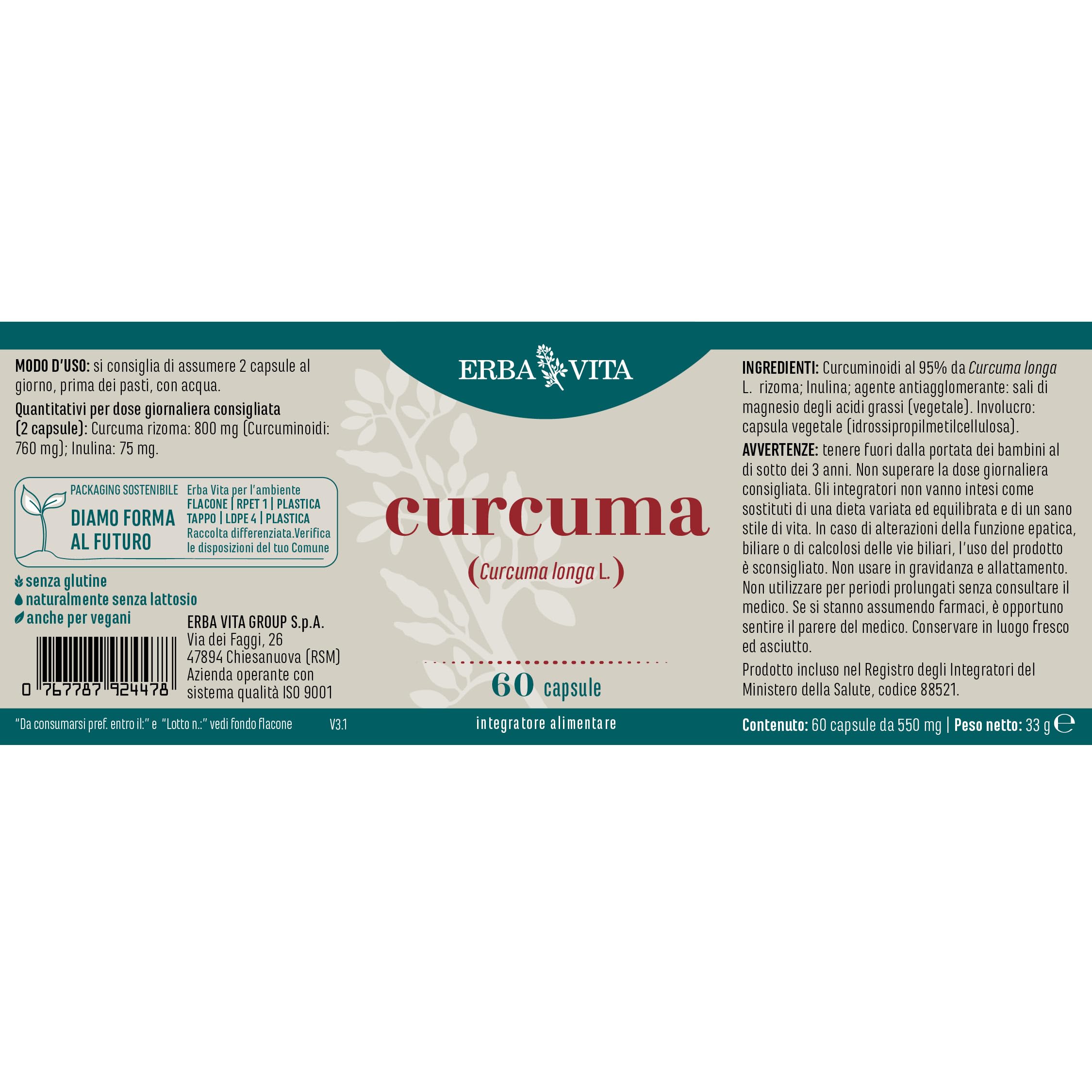 ERBA VITA Integratore Alimentare di Curcuma - 60 Capsule - Utile alla funzionalità articolare