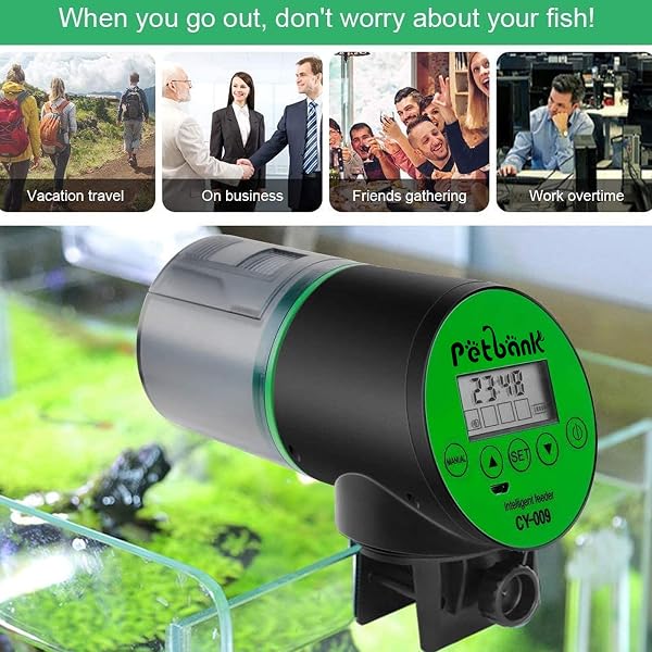 Petbank Distributeur Nourriture Poisson Aquarium - Timer Rechargeable avec Câble de USB Charger, Distributeur Automatique Aquarium avec Ecran LCD, Distributeur Nourriture Tortue,Vert - 5