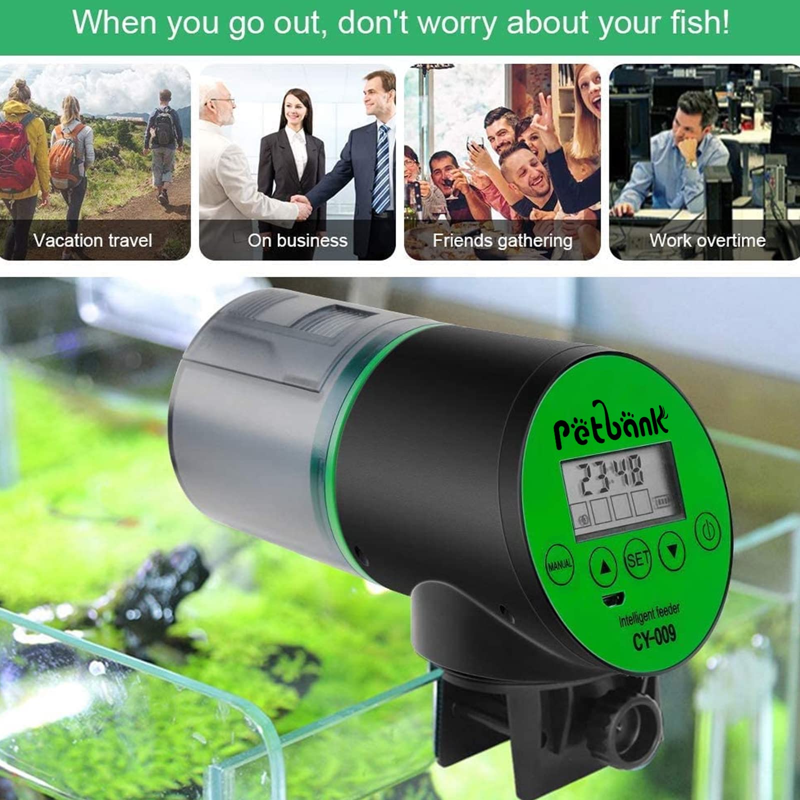 Petbank Distributeur Nourriture Poisson Aquarium - Timer Rechargeable avec Câble de USB Charger, Distributeur Automatique Aquarium avec Ecran LCD, Distributeur Nourriture Tortue,Vert - 5
