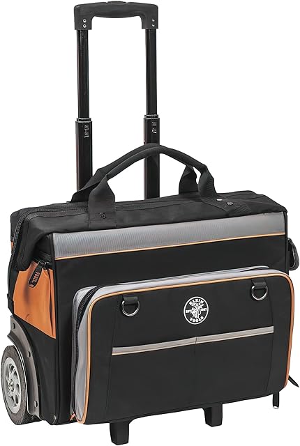 Rolling Tool Bag, Water Resistant Tool Storage Organizer Rolls on Rugged 15-cm Wheels, 24 Pockets, Load Tested to 90 kg, Klein Tools 55452RTB,Black/Orange