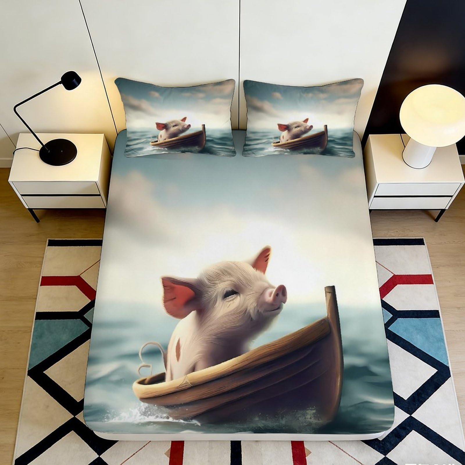 3D Printed Pig Boat Fitted Sheet Microfiber Soft Touch Bedroom Decor, Mattress Cover, Apartment Bedding, Easy Care, Dustproof 90x200x25cm