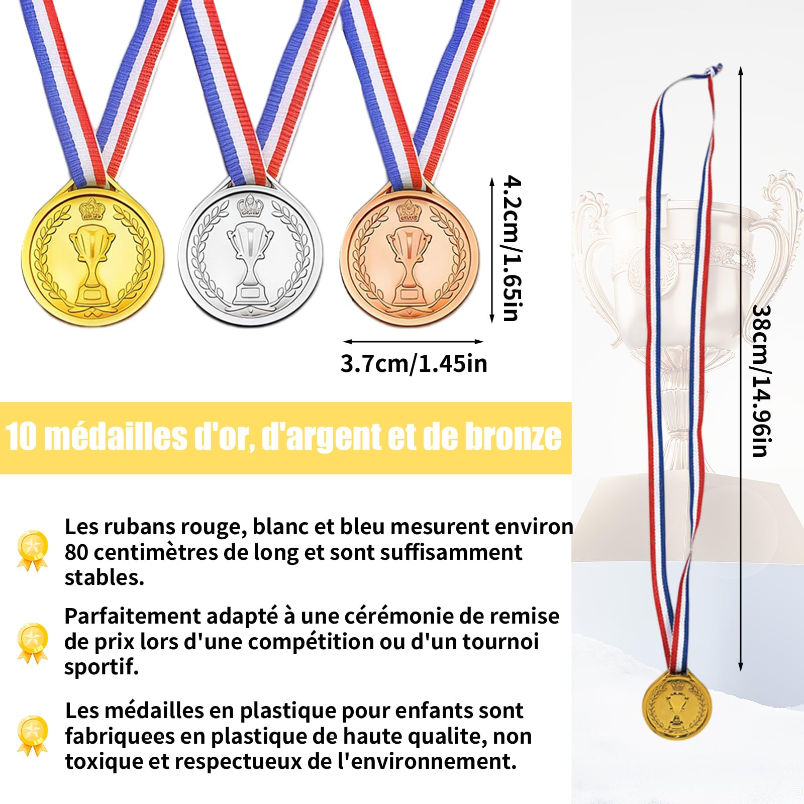 Lot de 30 Medaille, Medaille Enfant, Medailles, Medailles Enfant, Médaille et Trophée Récompenses avec Ruban Rouge Blanc Bleu Pour Sport, École, Anniversaire, Jeux, Concours, Cérémonie 4,2x3,7cm