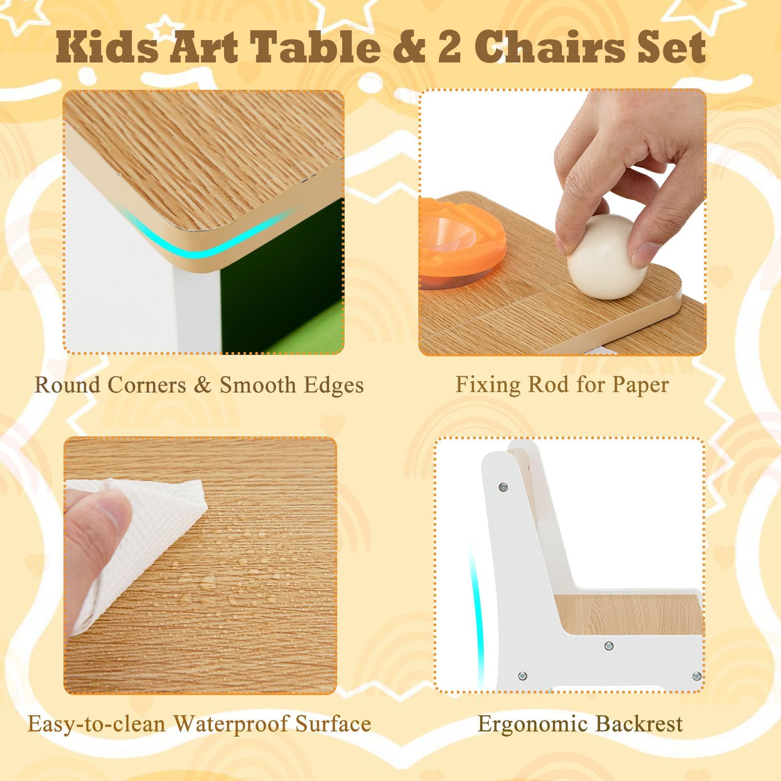 LIFEZEAL Tavolino Bambini, 3 Pezzi in Legno, Tavolo per Bambini con Sedie, Tavolo Artistico, con Piano Sollevabile, Rullo di Carta, Vaschette per Vernici e 6 Contenitori, per Bimbi 3 Anni + (colorate)