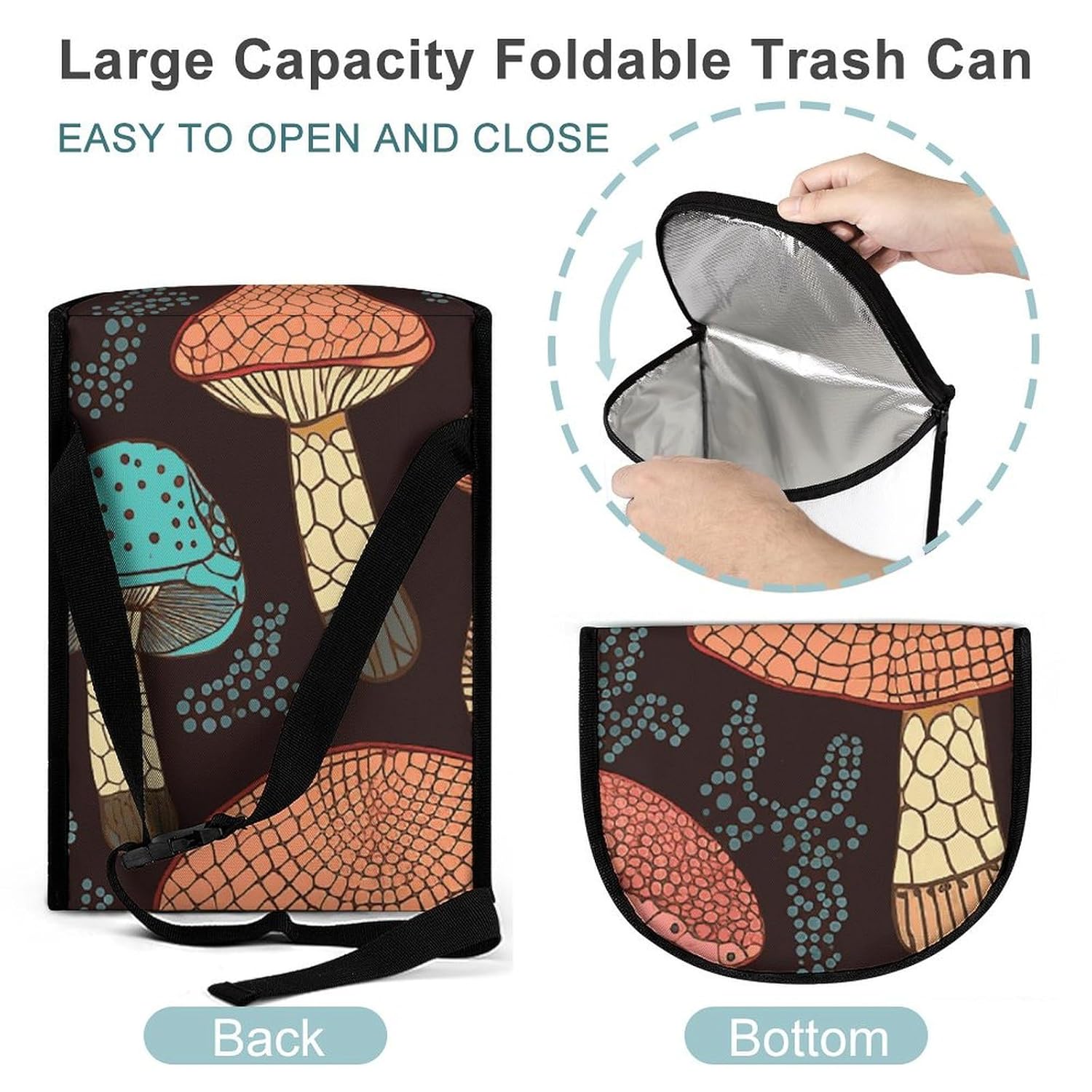 Car Garbage Storage Bag Mushroom Printed Hanging Vehicle Trash Bin Car Trash Can with Zipper Lid Portable Garbage Storage Bags for Truck Van and SUV