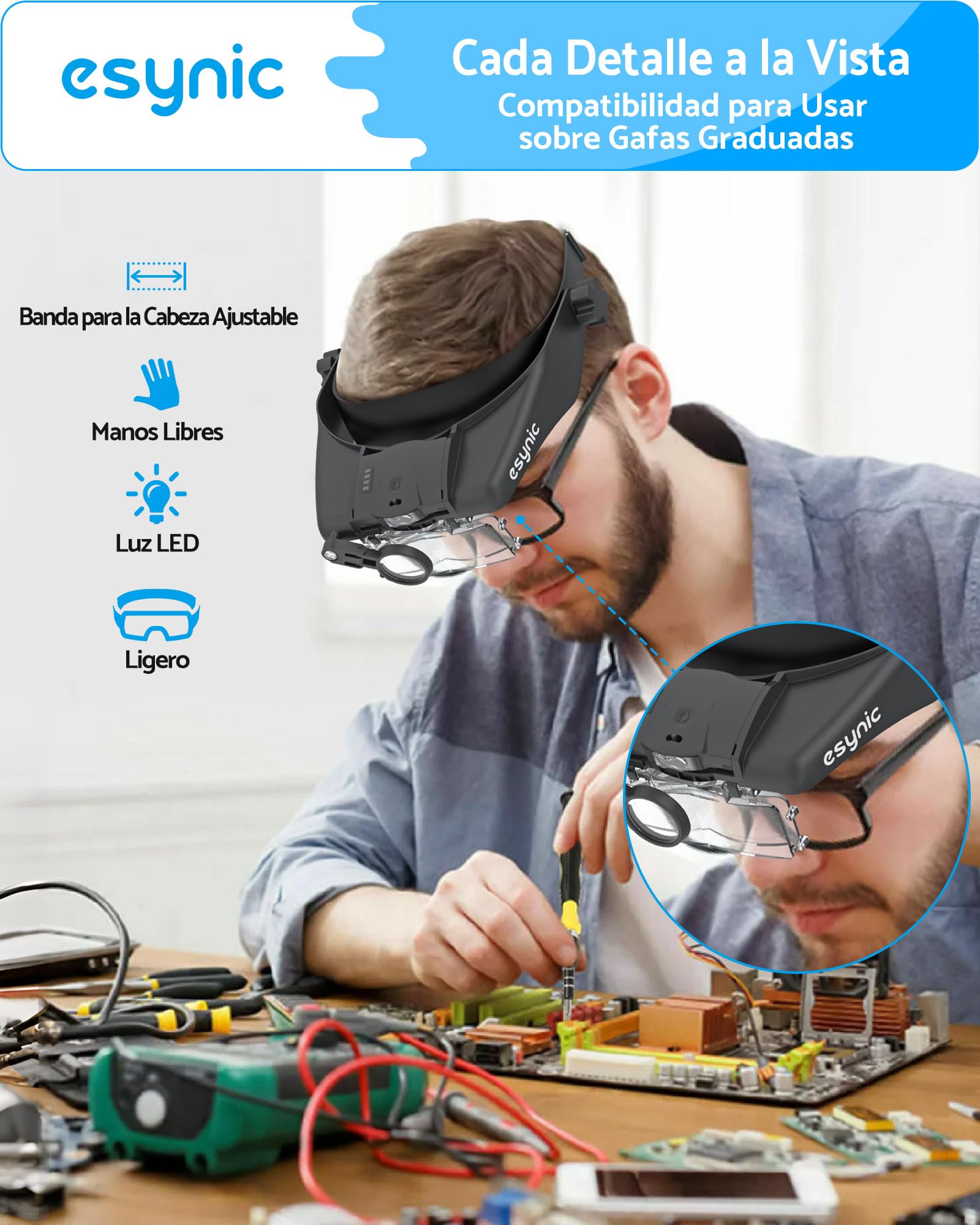 eSynic Gafas de Lupa Recargable con Luz Lupas de Gran Aumento 1.5X-13X con 5 Lentes Ajustable Gafas de Aumento Lupa con Control Táctil e Indicador de Batería para Manualidades,Leer,Coser,Joyería