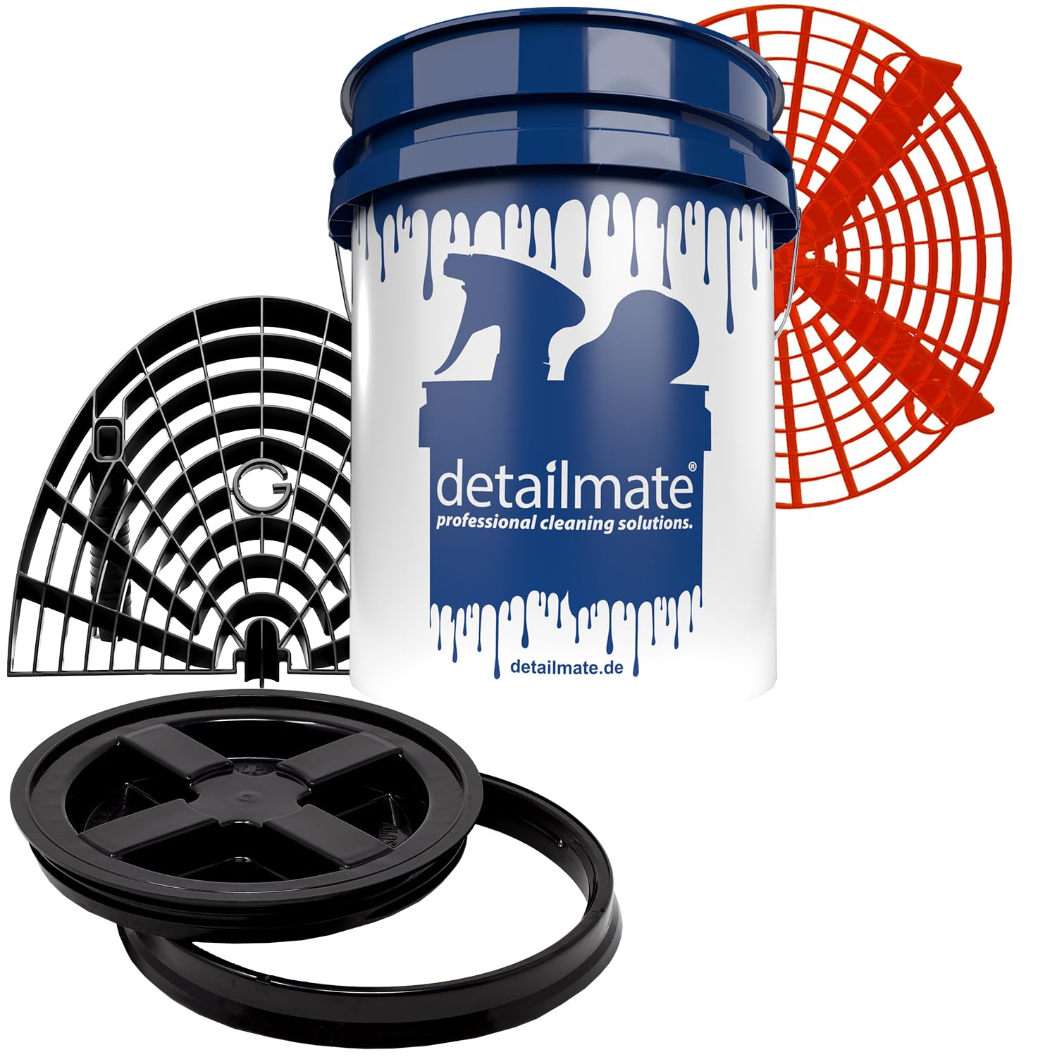 detailmate Profi Set Auto Reinigung: Wasch Eimer 5 GAL (ca. 20 Liter) / Gamma Seal Eimerdeckel schwarz/Grit Guard Schmutzeinsatz rot/Grit Guard Washboard