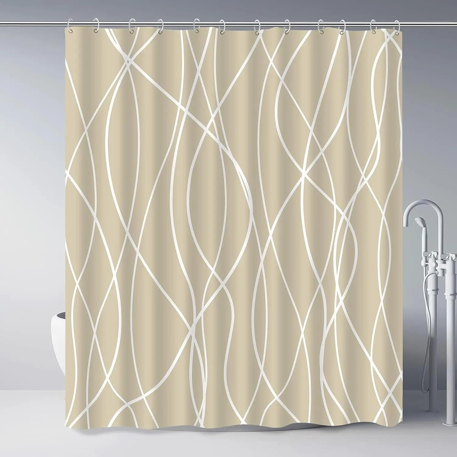 Cortina de Ducha 200 x 200 cm Líneas Blancas para Baño, Diseño de Rayas Geométricas, Moderna, Sencilla, Impermeable, de Poliéster Caqui, Lavable, 200 x 200 cm (1 Paneles).