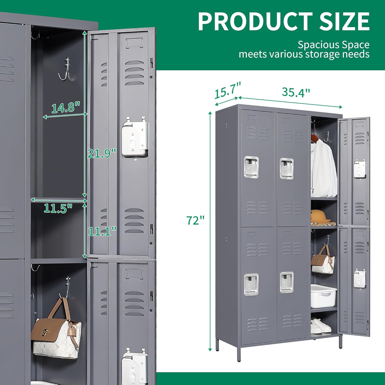 72" Tall Employees Locker with Shelves and Hooks 6 Doors Steel Sports Locker for Office Home Bedroom School Gym Garage, Metal Staff Locker Locking Storage Lockers,Grey