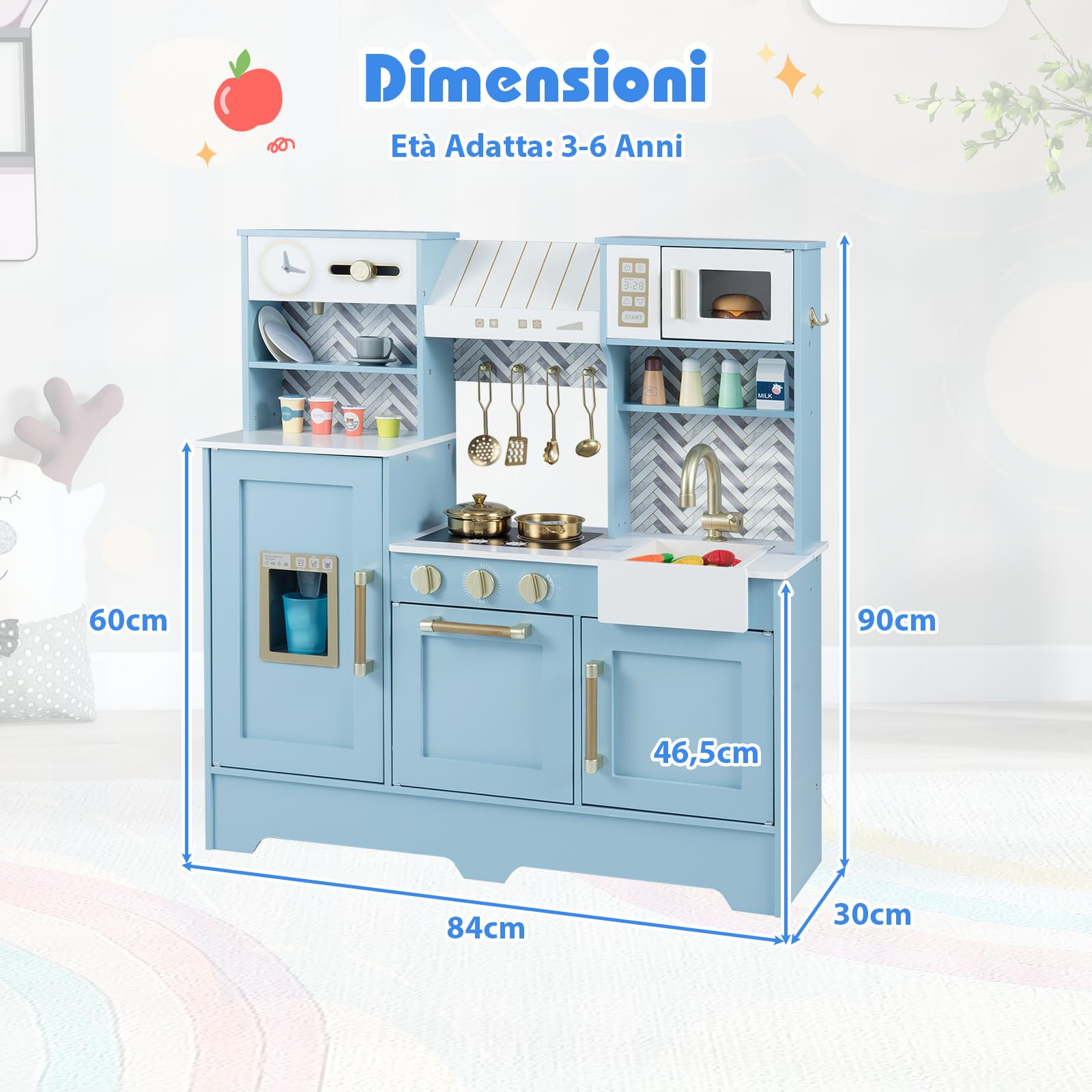 COSTWAY Cucina Giocattolo per Bambini, Cucina Legno per Bambini con Macchina per Ghiaccio, Caffettiera e Accessori, Gioco di Finzione per Piccoli Cuochi 3-6 Anni, 84 x 30 x 90 cm
