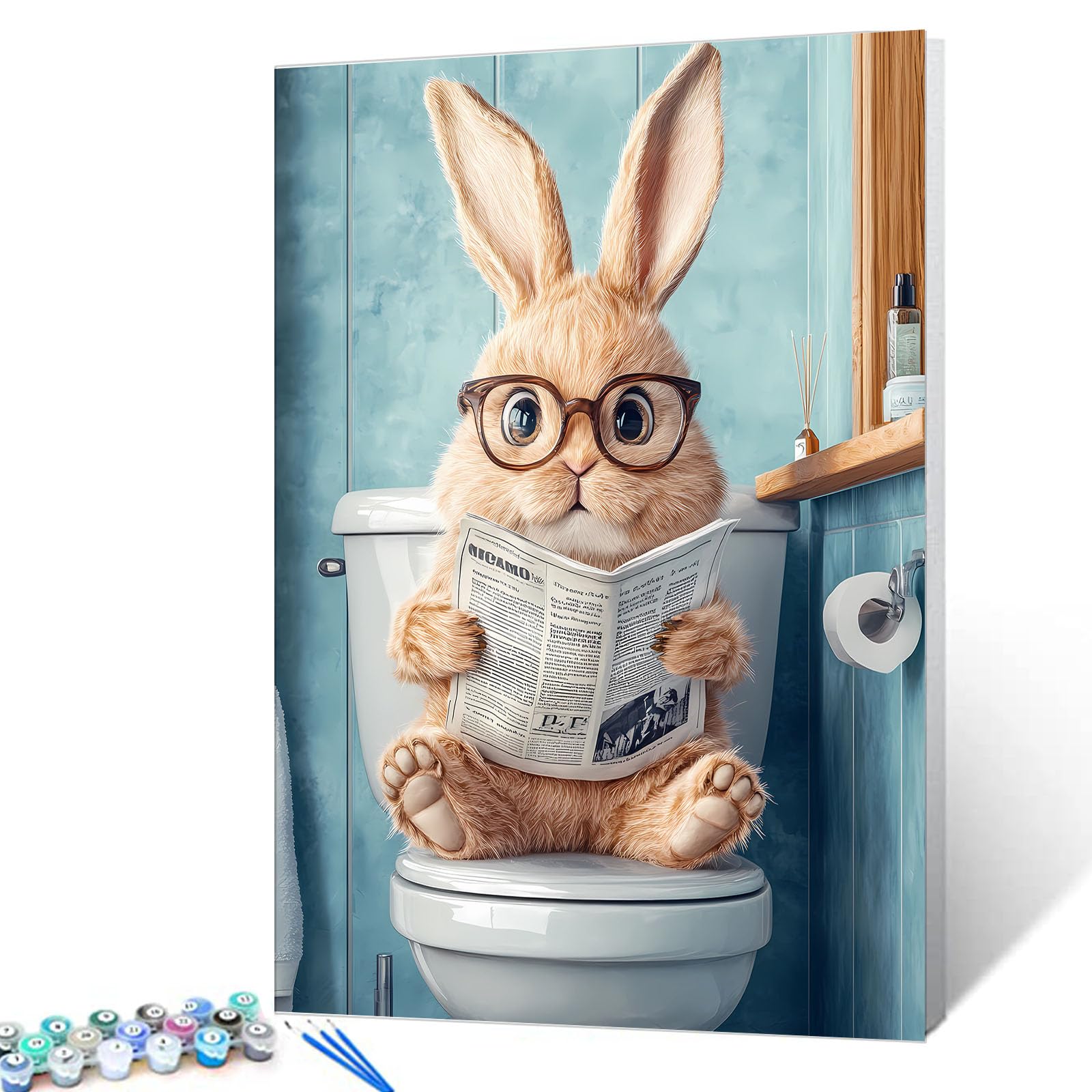 DIY Paint by Numbers Bunny Sitting on the Toilet Seat Canvas Oil Painting Kits for Adults Animal Wearing Glasses Red Newspaper Digital Painting Craft Art Gift for Home Wall Decor 16X20In(DIY Frame)