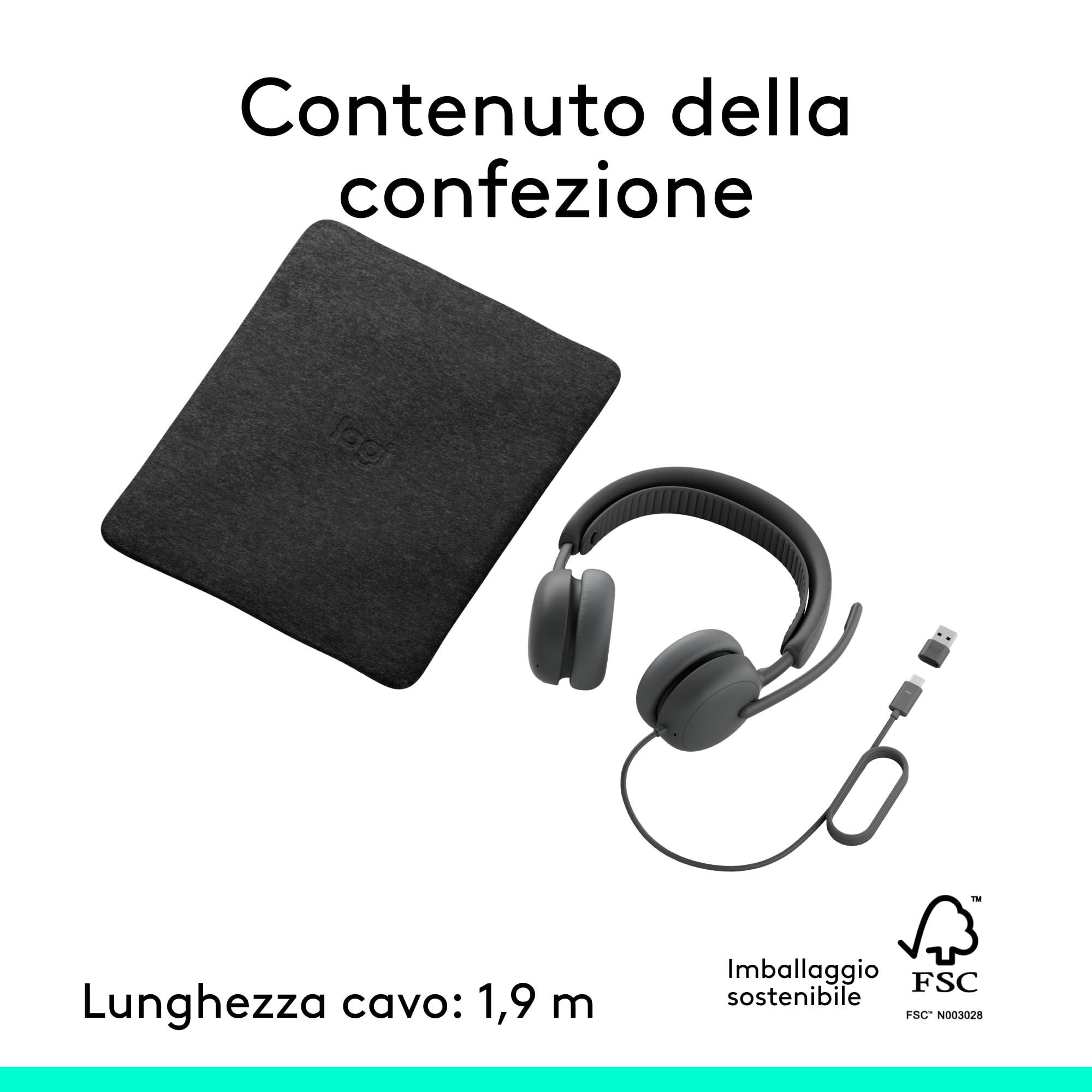 Logitech Zone Wireless 2 ES for Business - Cuffia con microfono wireless con cancellazione del rumore con ANC ibrida adattiva, Bluetooth, USB-C e USB-A, certificazione Microsoft Teams - Grafite