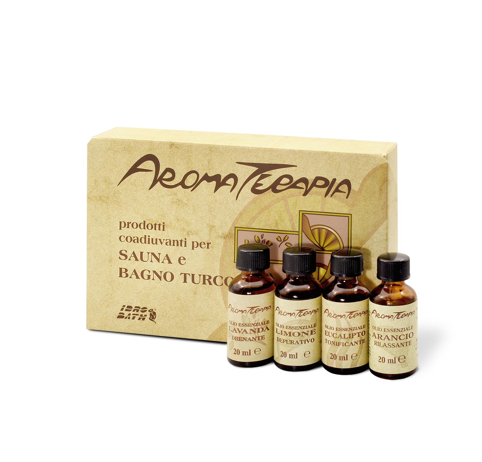 IDROBATH Aromatherapie-Set, reine ätherische Öle, 4 x 20 ml | Set aus Lavendel, Orange, Eukalyptus und Zitrone für Sauna und türkisches Bad