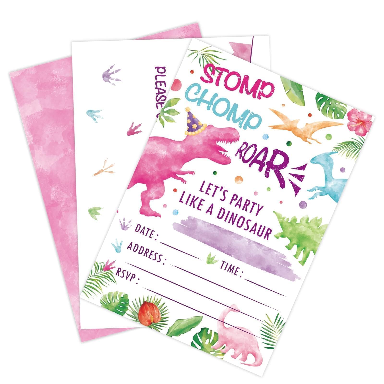WERNNSAI 20 Sets Watercolor Dinosaur Party Invitation with Envelopes - Pink Dinosaur Invitations Cards for Girls Kids Birthday Party Supplies Fill-in T-Rex Invites Cards Double Sided for Baby Shower