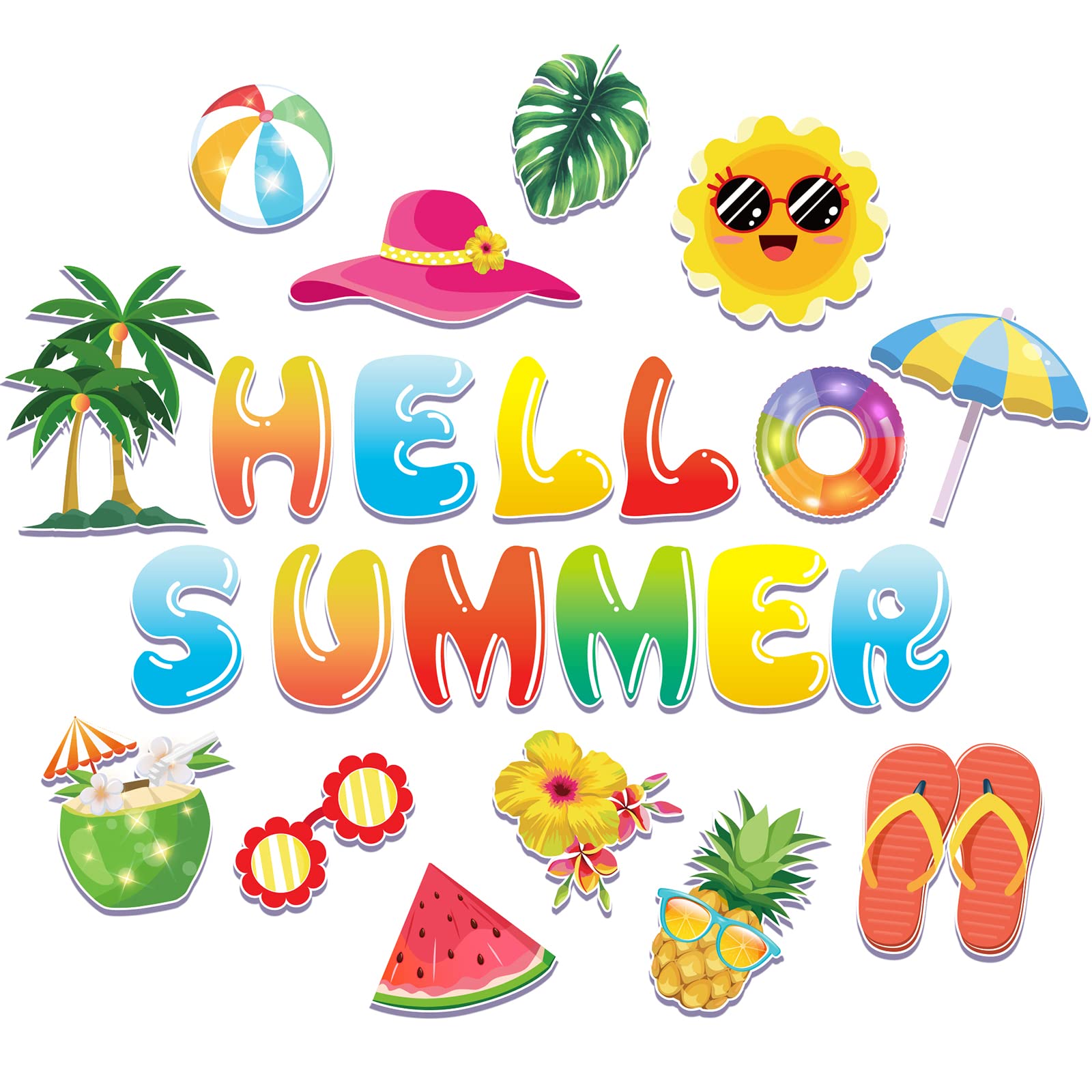 46Pcs Summer Bulletin Board Cutouts Set 23 Designs Tropical Hawaiian Paper Cut Outs with 50Pcs Glue Points Summer Fruit Beach Cut-Outs Bulletin Board Decor for Classroom Party Supplies