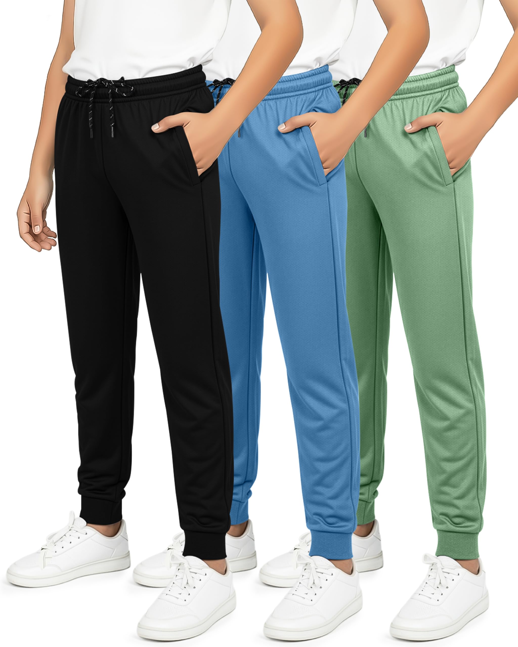 Real Essentials 3 Pack Boys Mesh Jogger Sweatpants - Youth Kids Baseball Football Athletic Pants with Pockets
