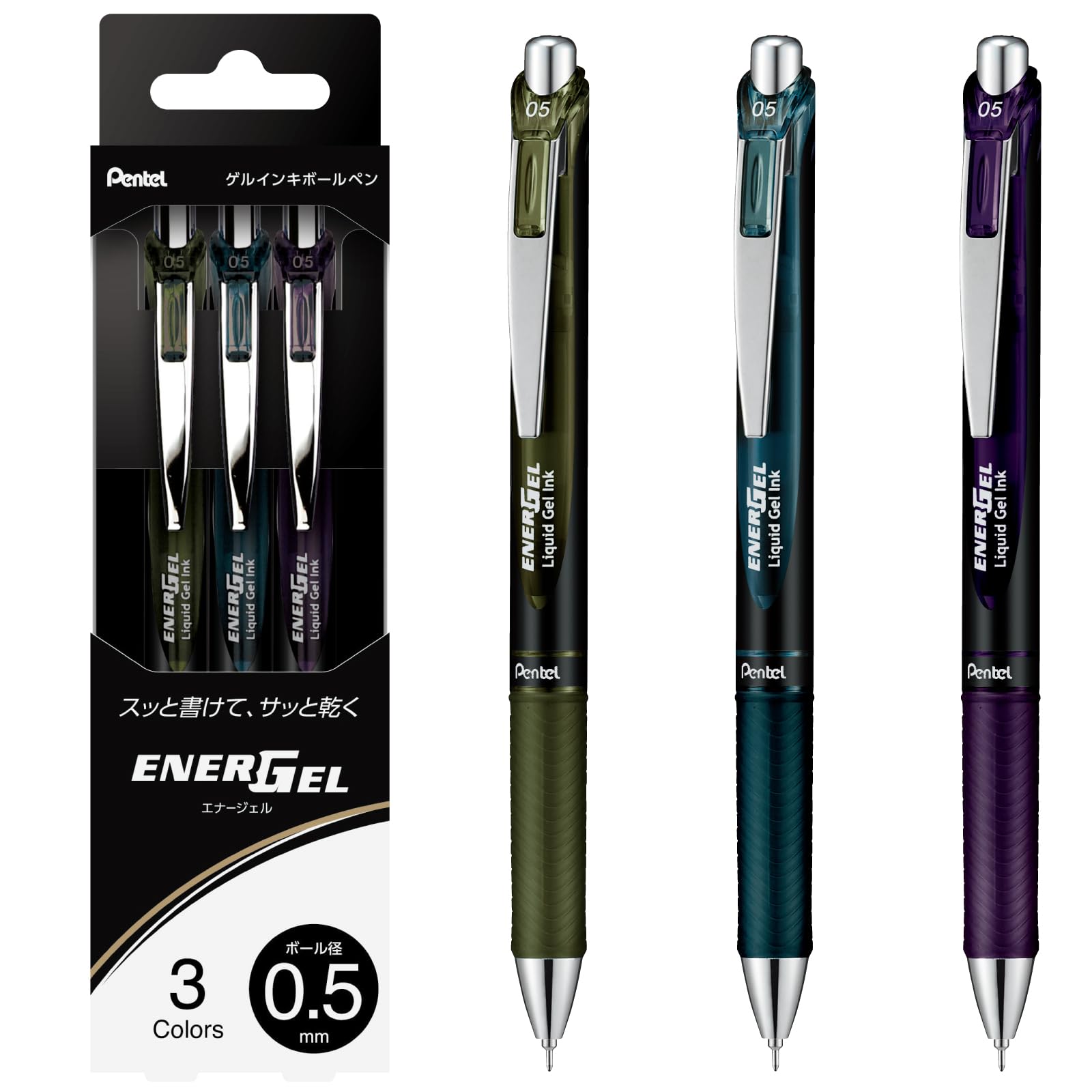 Pentel BLN75A2-3STH Gel Ink Ballpoint Pen, EnerGel 0.5mm, Set of 3 Colors : Office Products