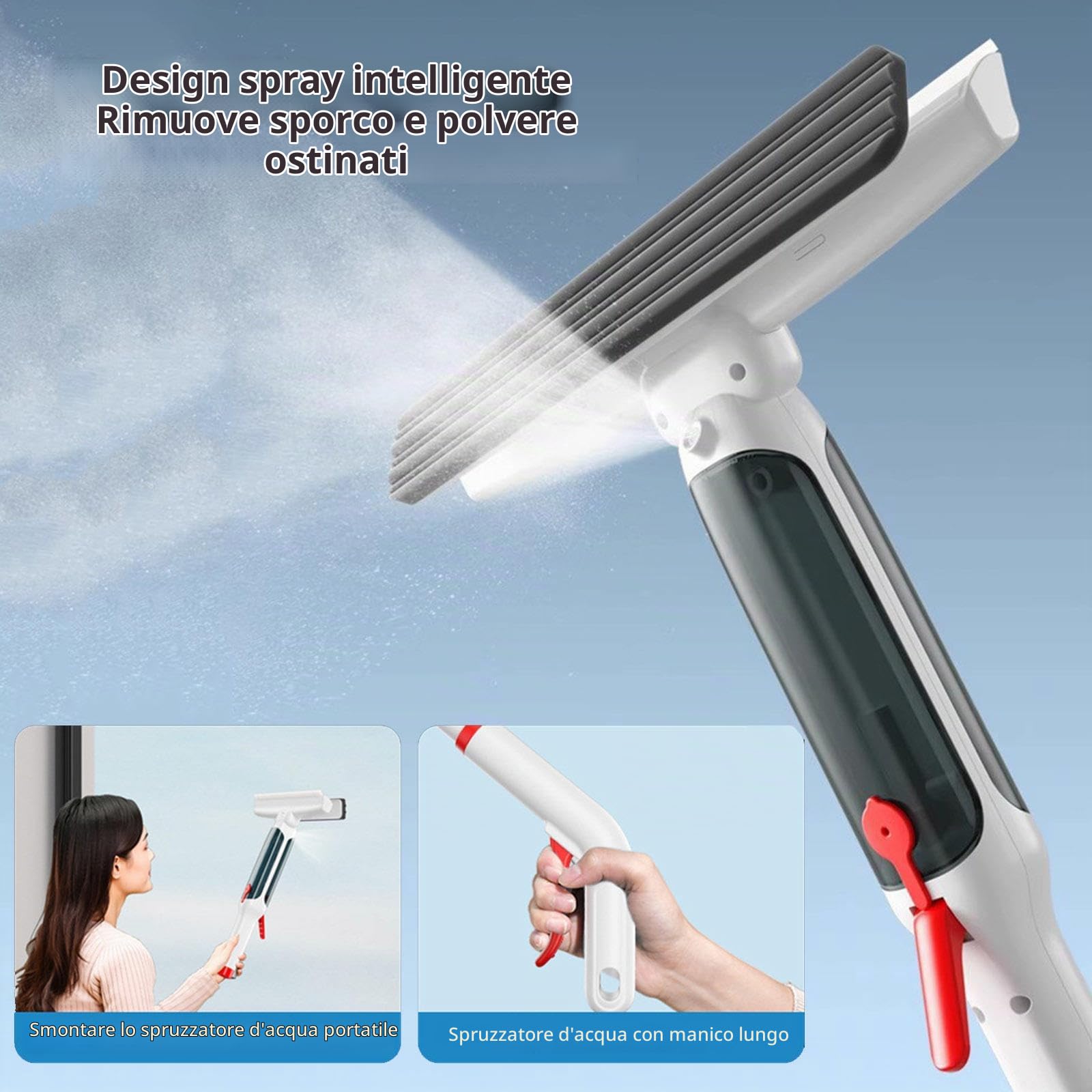 Spruzzo 4 in 1 Lava Vetri Finestre con Asta di Prolunga(190cm), Spazzola Lavavetri con Raccoglitore Acque Nere E 5 Panni Lavavetri Professionale per Finestre Alte Interno/Esterno