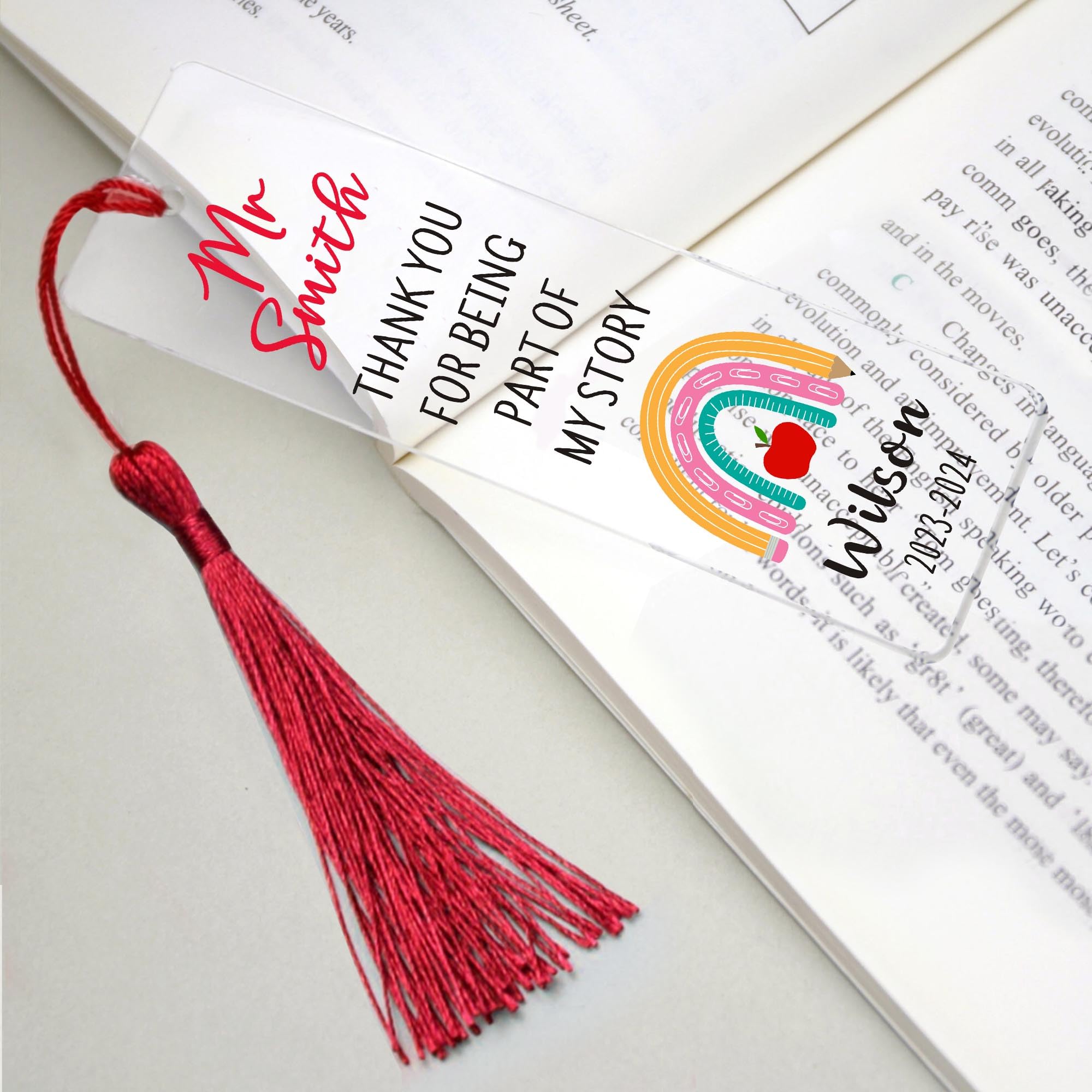 Personalised Teacher Gifts Custom Bookmark Thank You Gifts Acrylic Book Marks with Any Name & Date with Tassels & Twine String for Book Lovers Women Men Teacher Tutor(Design 1, Red)