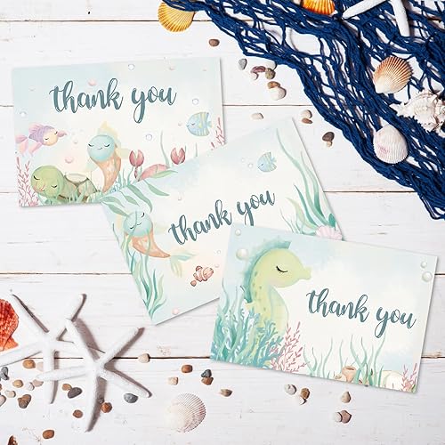 Miniatura 5 de AnyDesign Paquete de 36 tarjetas de agradecimiento de animales marinos a granel, lindas criaturas oceánicas, tarjetas de notas con sobres,