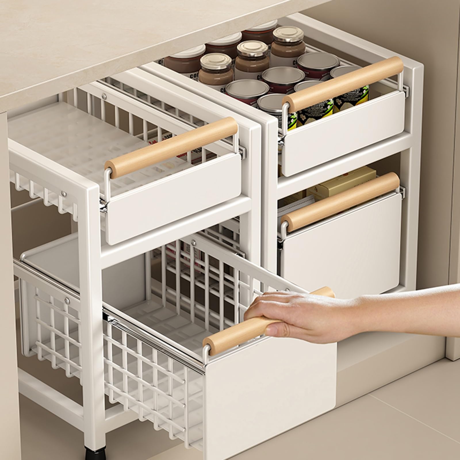 Organizer Sottolavello, Organizer per Mobiletto Estraibile A 2 Livelli, 2 Cassetti Estraibili, Ripiani Portaoggetti per Cucina, Soggiorno, Bagno,White-Set of 2