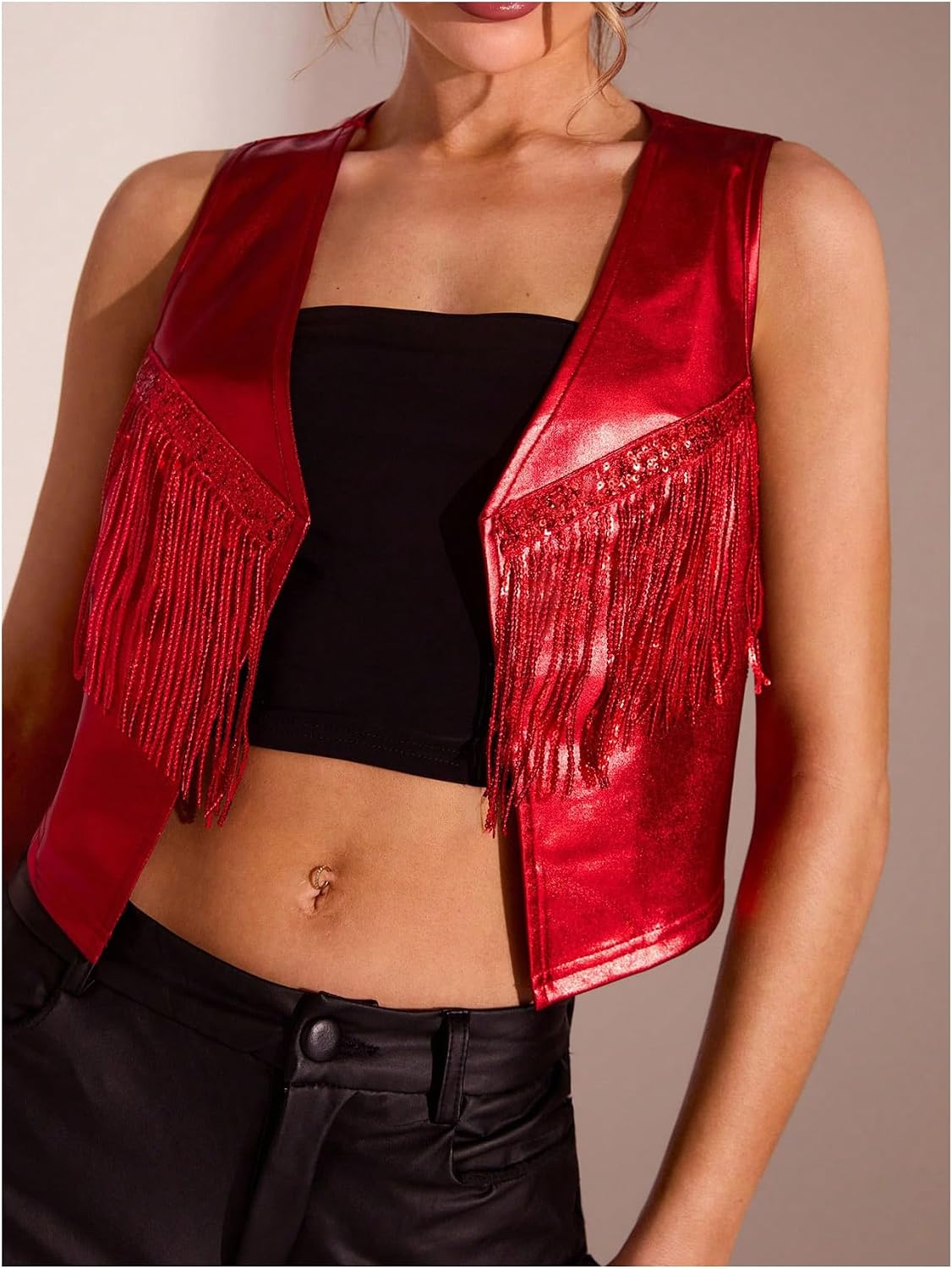 MakeMeChic Women's Sequin Fringe Vest Sleeveless Metallic Y2K Crop Cowgirl Western Jacket