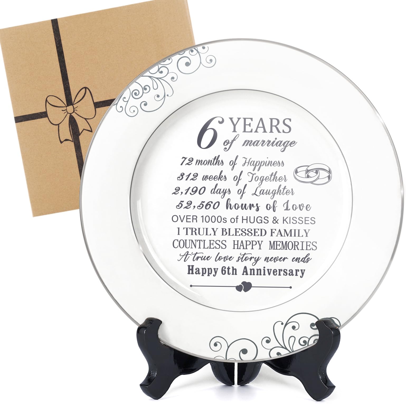 Iron Gifts for 6th Anniversary - 6th Anniversary Plate with Platinum Foil, 6 Year Anniversary Wedding Gift for Him Her Couples, 6th Anniversary Ideas Decorations, Ceramic Plate with Stand 9"