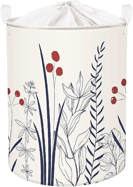Clastyle 45L Chinese Monochromes Flower Aquatic Laundry Basket Waterproof Plant Beige Laundry Hamper for Clothes Bedroom, 14.2x17.7 in