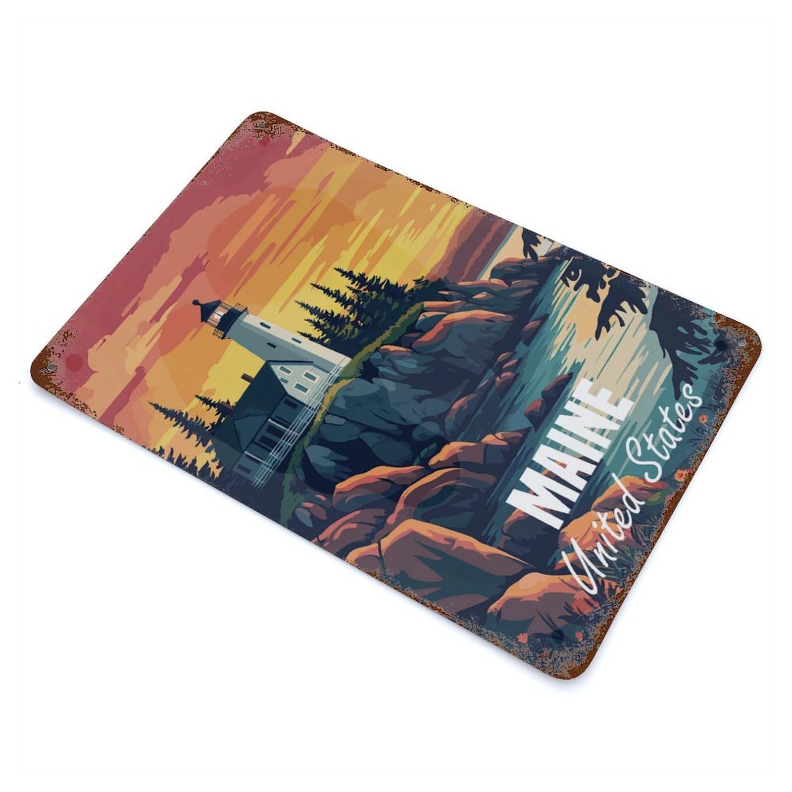 Maine Lighthouse Sunset Rusty Metal Tin Sign 11.8"x7.9", Ideal for Patio, Garden Room And Bar Decor