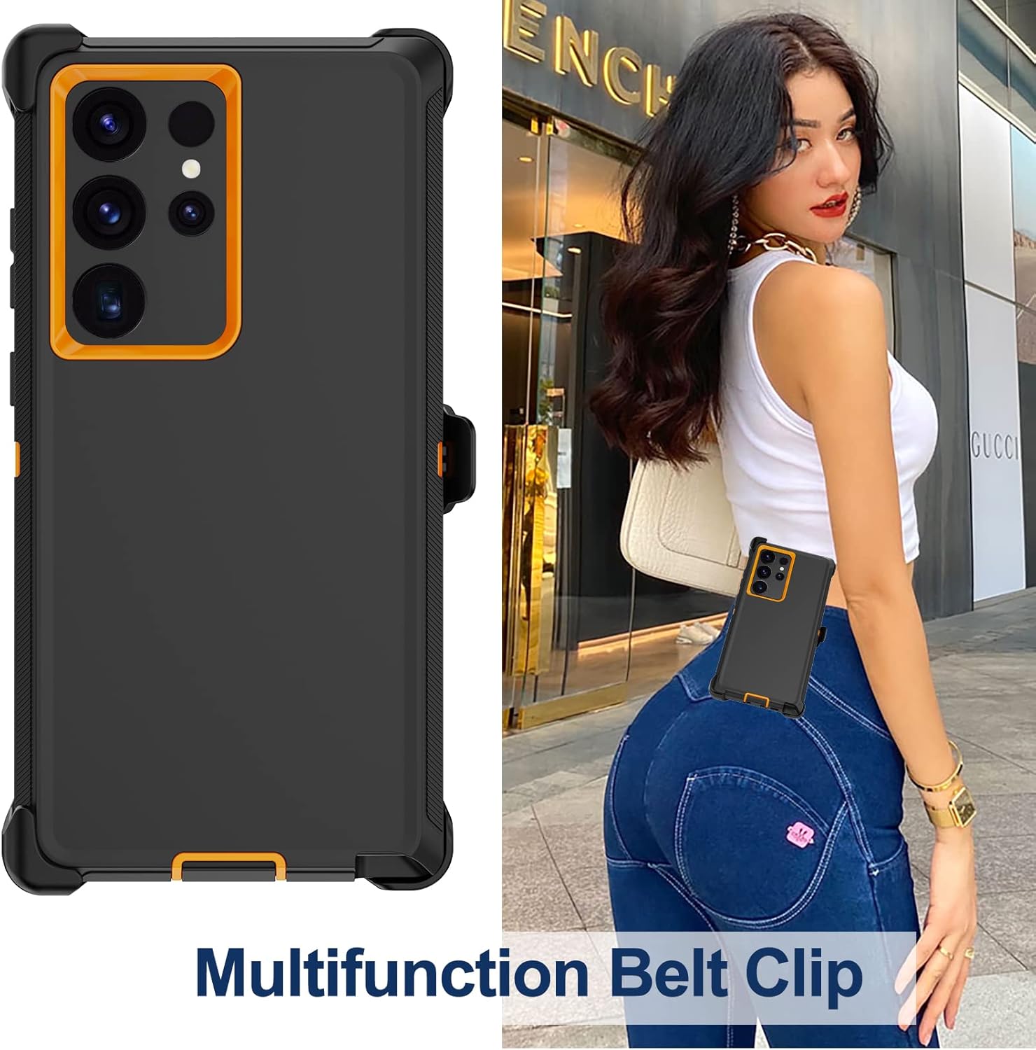 for Samsung Galaxy S23 Ultra Case with Belt Clip Holster, 2X Screen Protector, [Military Grade] Heavy Duty Full Body Shockproof Rugged Protective Cover for Samsung S23 Ultra 5G Black/Orange - Image 6