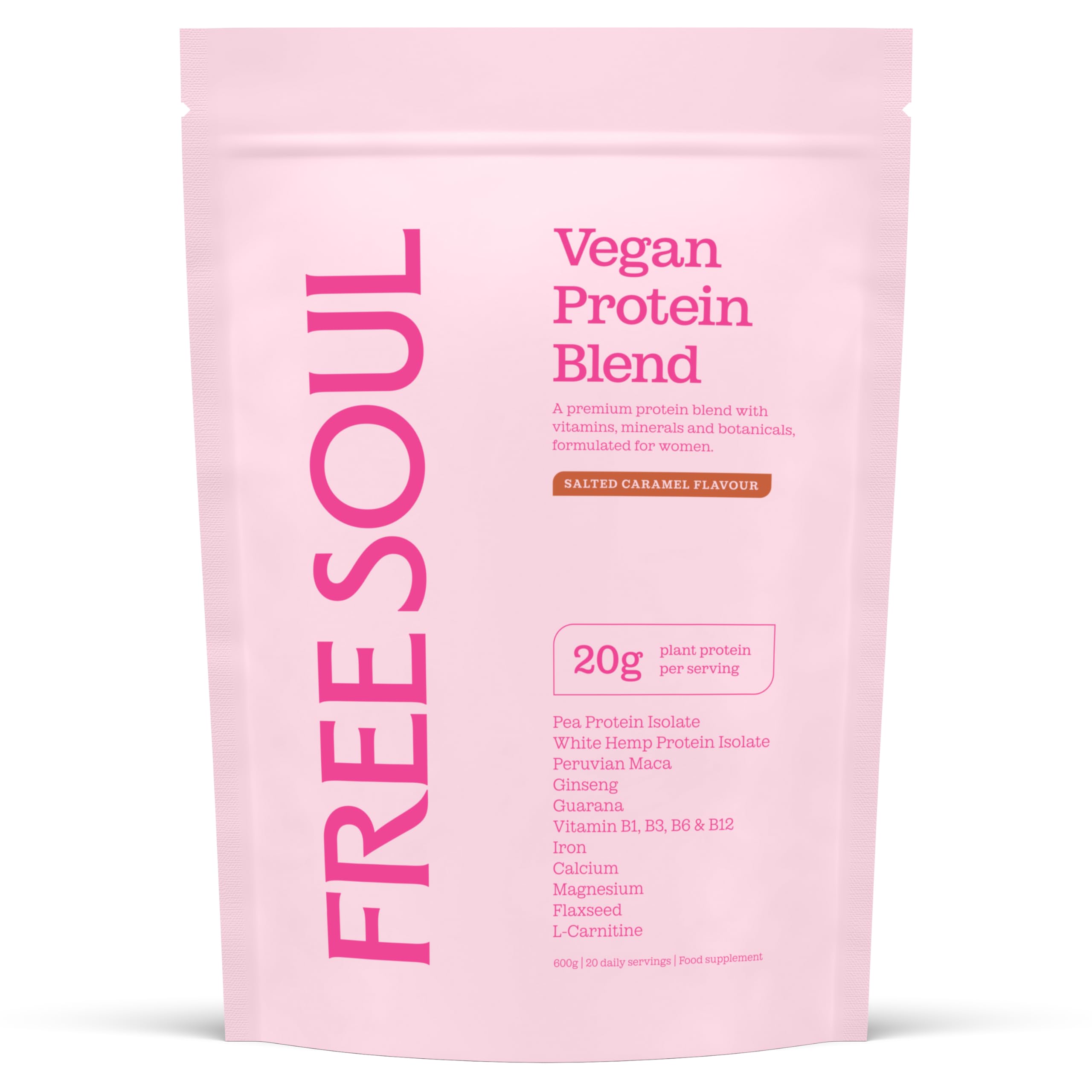 Free Soul Vegan Protein Powder | Formulated for Women | 600g | 20g Protein with Added Nutrients | Gluten & Soy Free Plant-Based Nutrition Shake | Pea & Hemp Isolate Protein | Salted Caramel Flavour