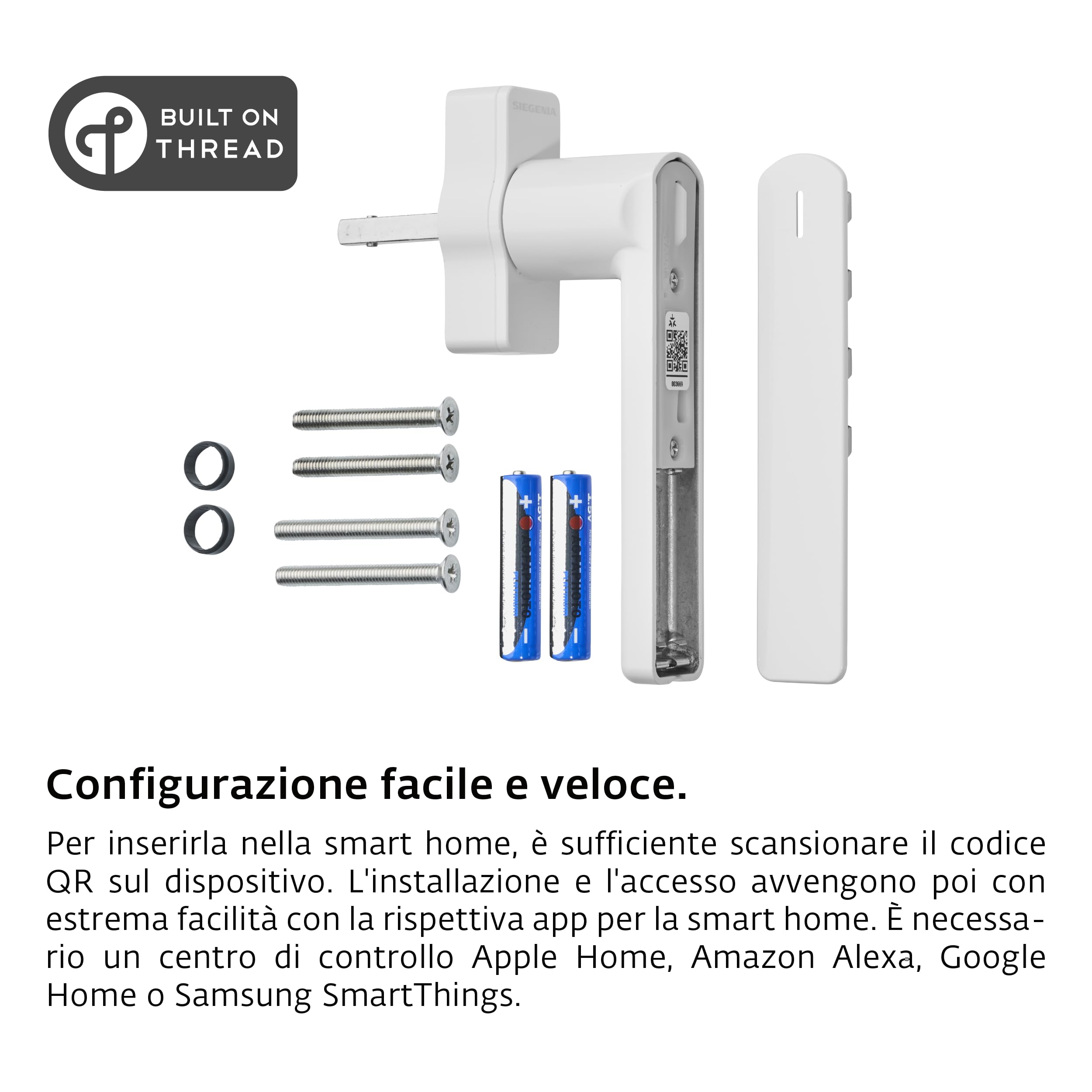 Maniglia smart per finestre SIEGENIA 2° gen. bianco - Compatibile con Matter per l'inserimento nelle reti della smart home con sorveglianza dello stato, blocco centralizzati tramite accesso remoto