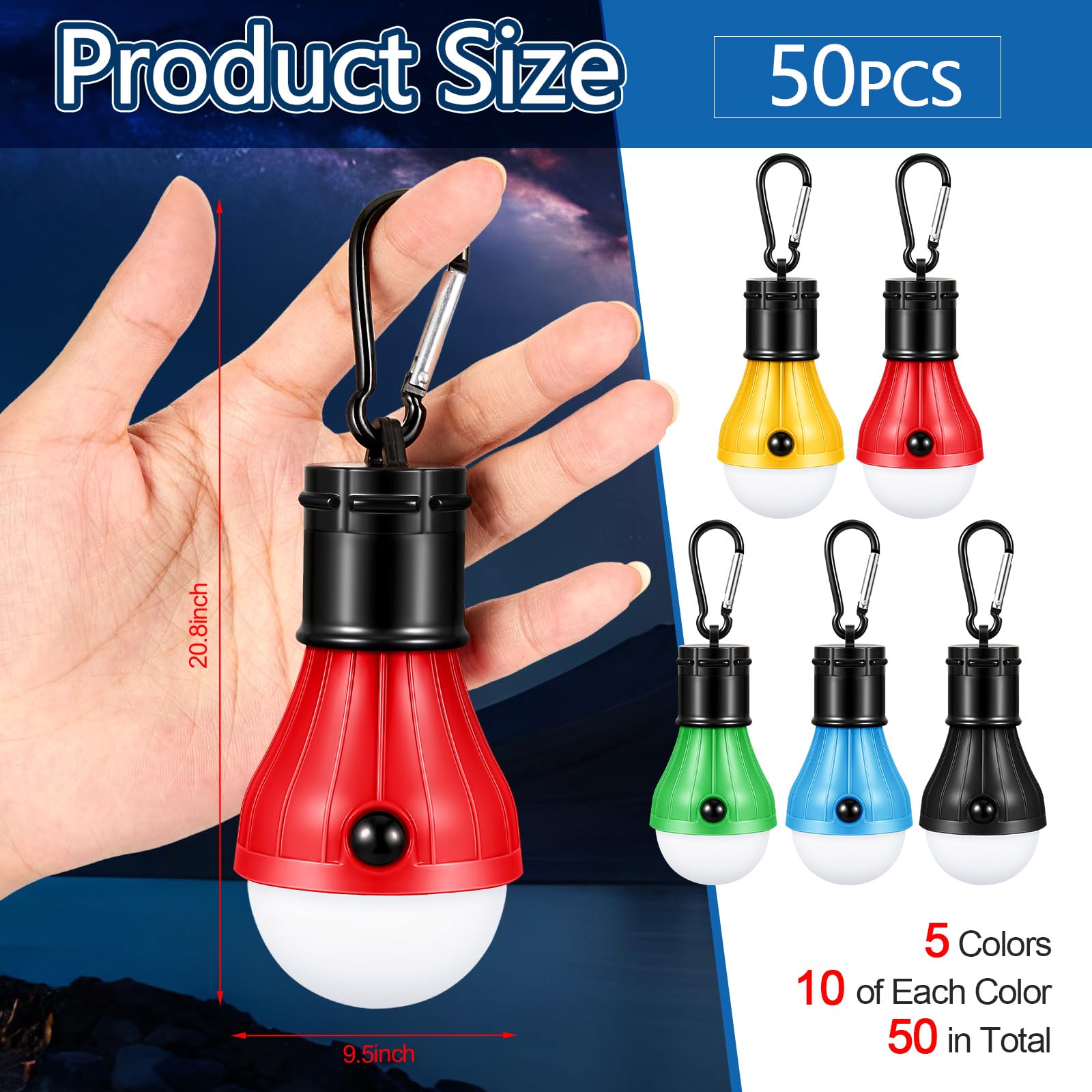 VIHOSE 50 Pcs Camping Lantern Bulb Portable Tent Lamp Waterproof Tent Lights Clip Hook Hurricane Emergency Lights Bulk Outdoor Battery Powered Led Camping Tent Lantern for Hiking Backpacking Outage