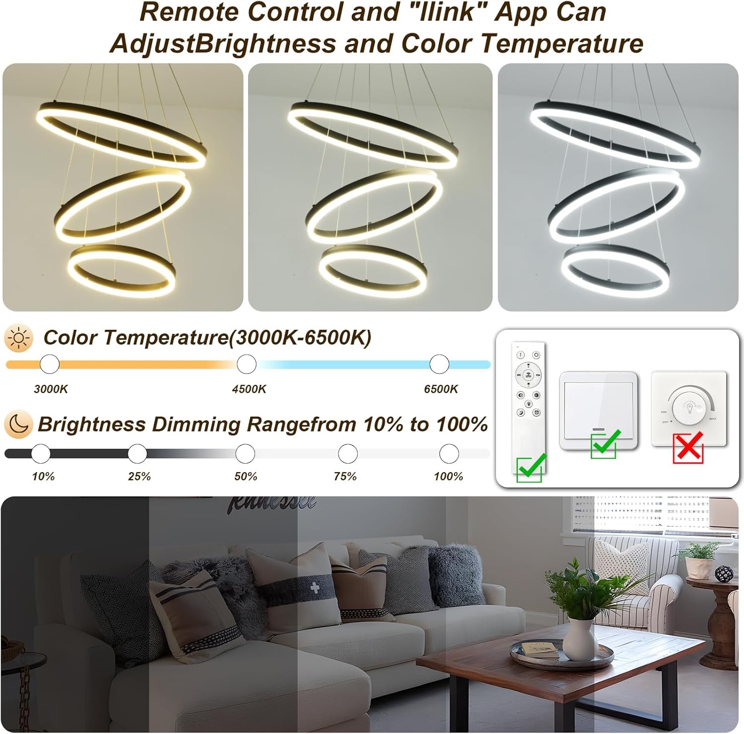 3-Ring Modern Black LED Chandelier Dimmable Pendant Light with Remote Control Flush Mount High Ceiling Circle Light Fixture for Dining Bed Living Room Foyer 3000K-6500K