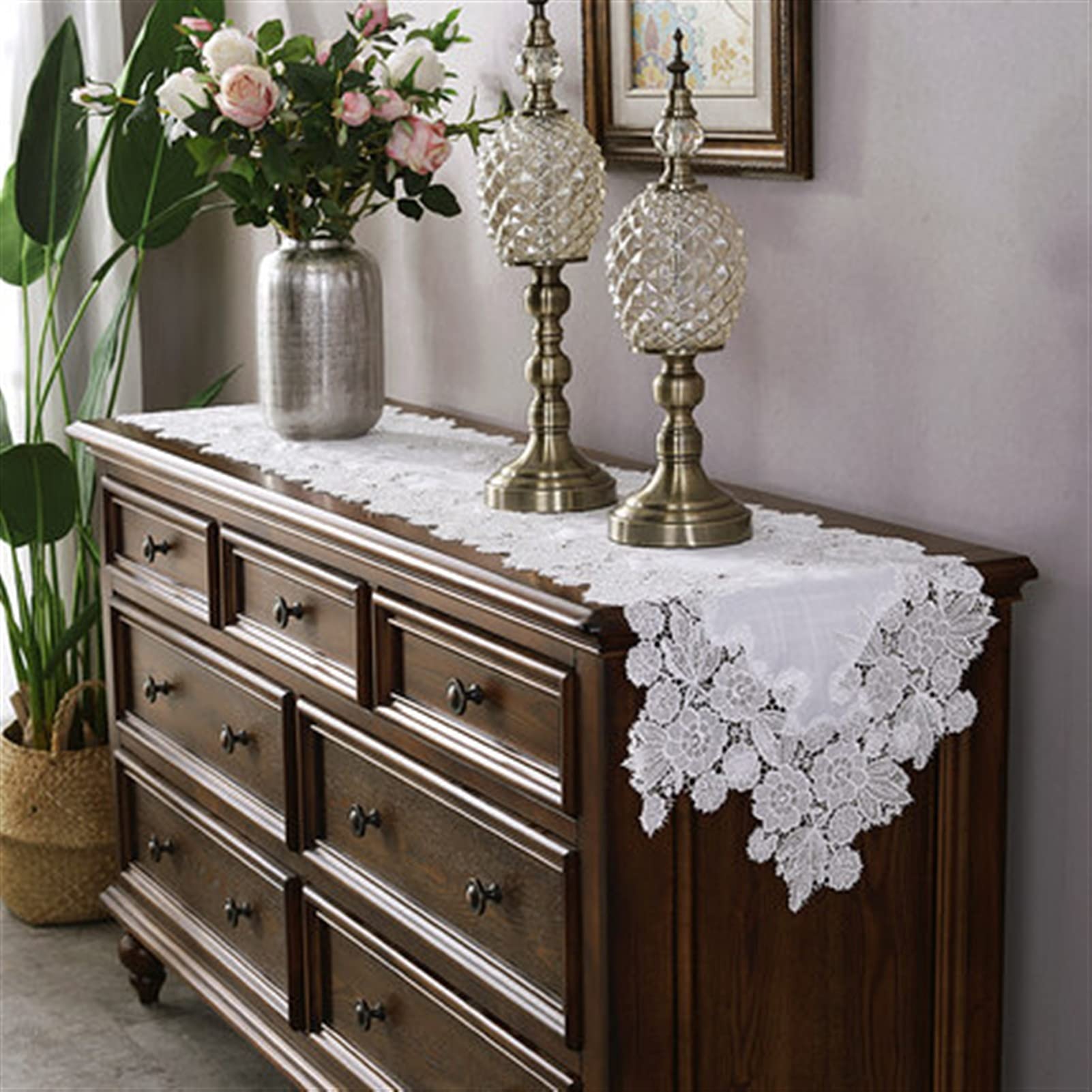 Runner da tavola in pizzo, Runner da tavolo in cotone pizzo ricamo americano caffè bianco(White,85X85cm)