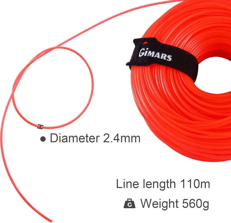 Gimars 110m x 2.4mm Fűkasza Damil, Narancs Nylon Vágószál Elektromos Fűszegélynyíróhoz, Tartós PA6 Anyagból, Tépőzáras Kábelkötegelővel