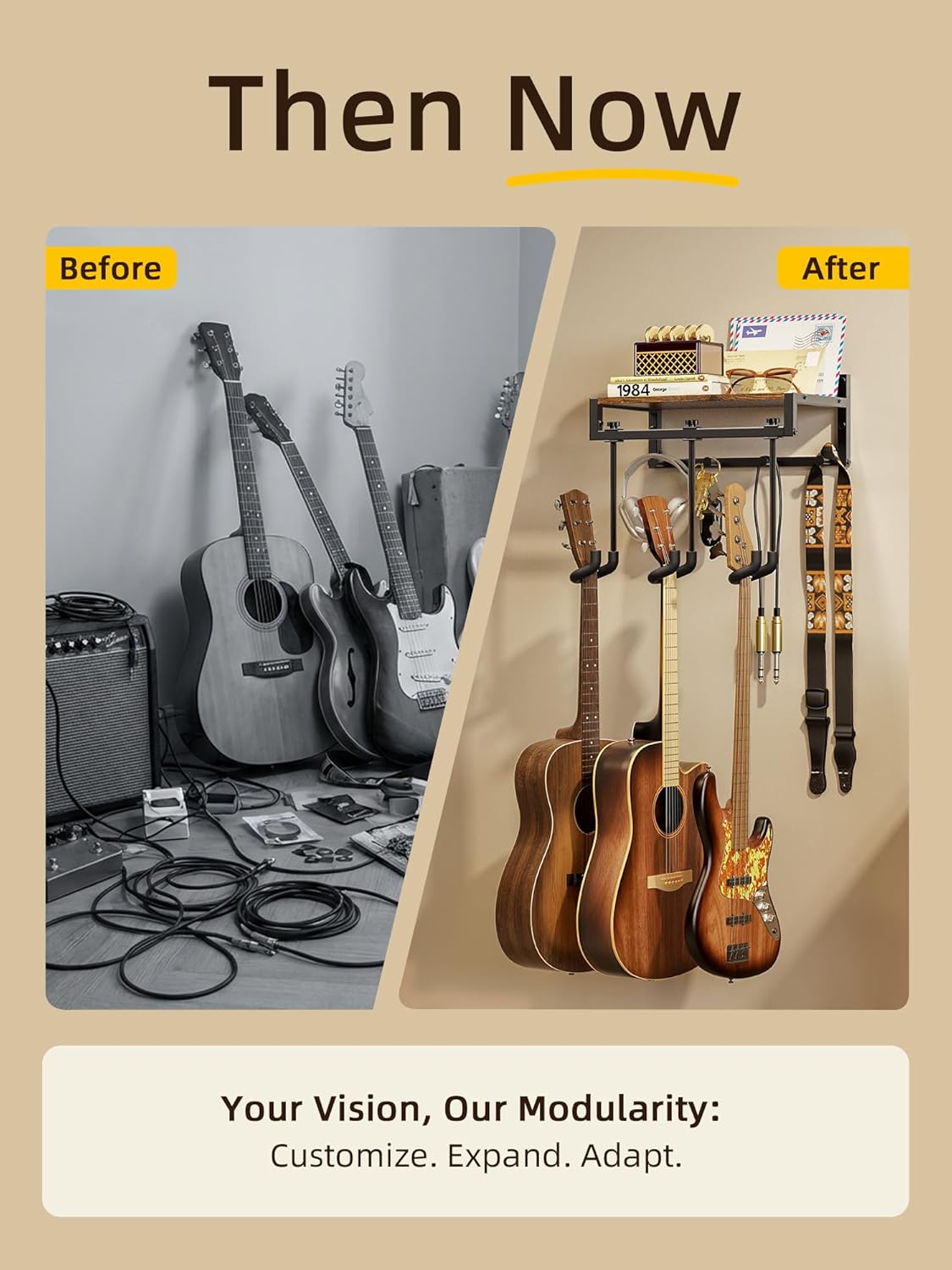 Guitar Wall Mount Hangers, 3 Adjustable Clamp-On Guitar Holders, Guitar Wall Hangers with Shef, Reinforced Safety-Design, Universal Fit for Ukulele Acoustic Bass