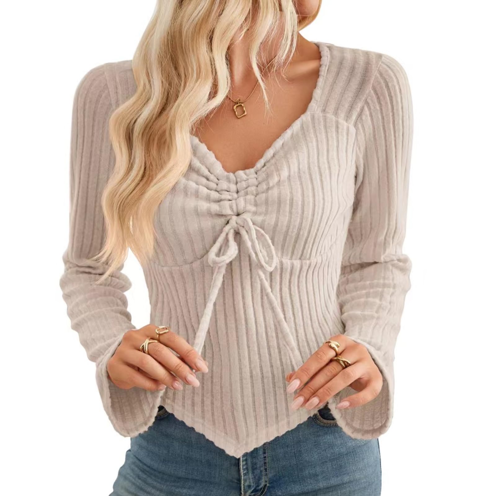 SumlenoWomen's Y2k Aesthetic Trendy Long Sleeve Shirt Cute Ruched Drawstring Slim Fit Pullover Tops Coquette Clothes